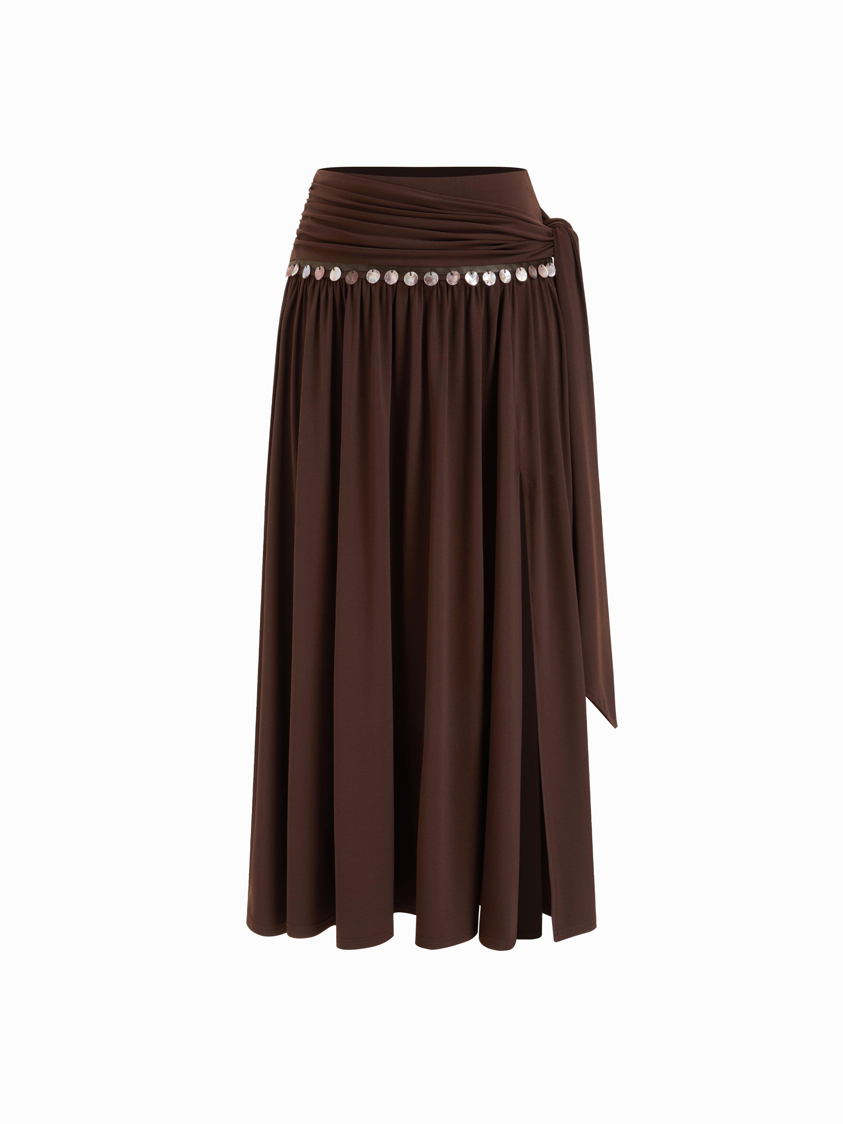 Mid Rise Wrap Metal Detail Split Flared Maxi Skirt by CIDER