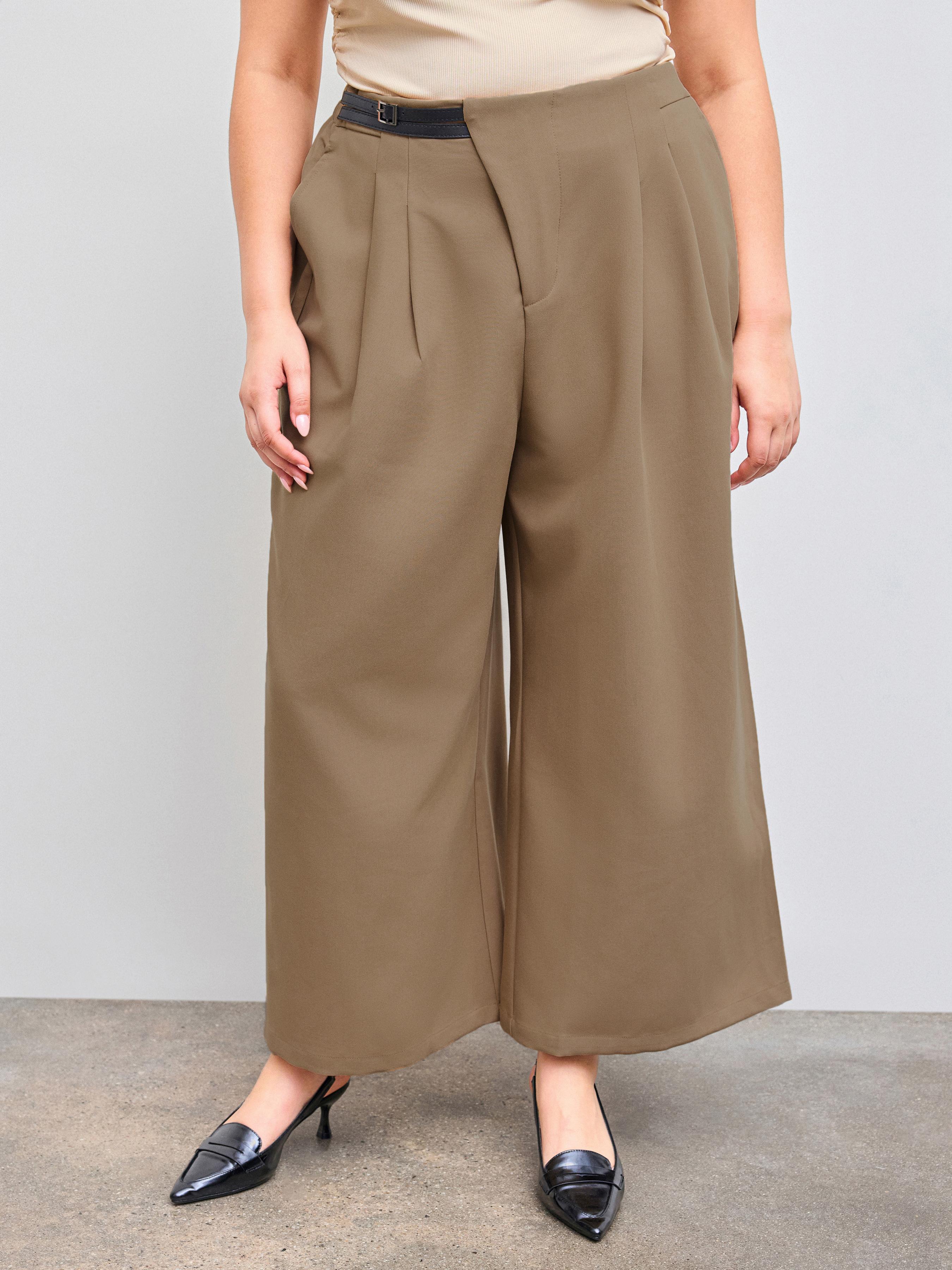 Mid Waist Belted Pocket Wide Leg Trousers Curve & Plus by CIDER