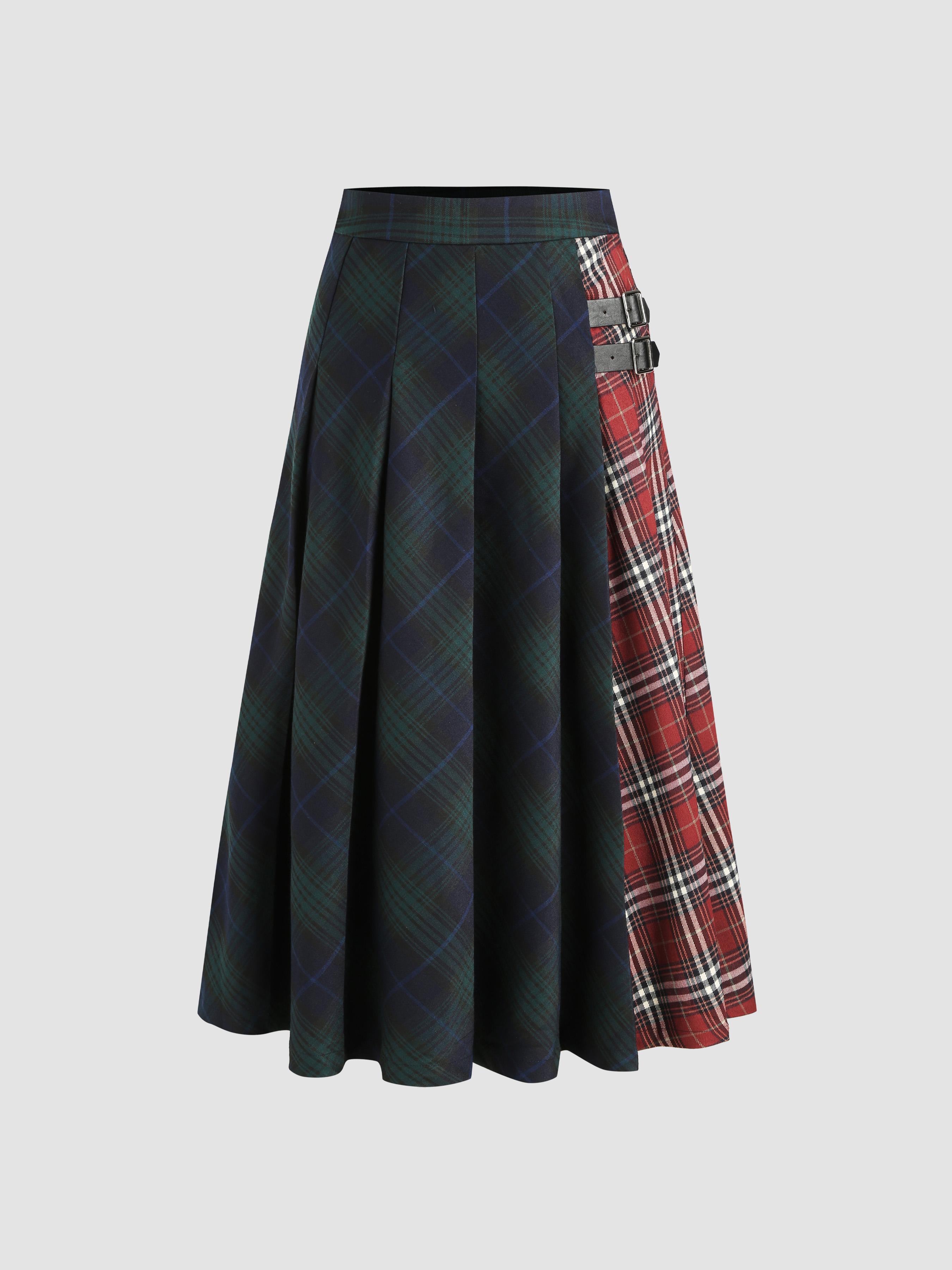 Mid Waist Patched Check Buckle Maxi Skirt by CIDER