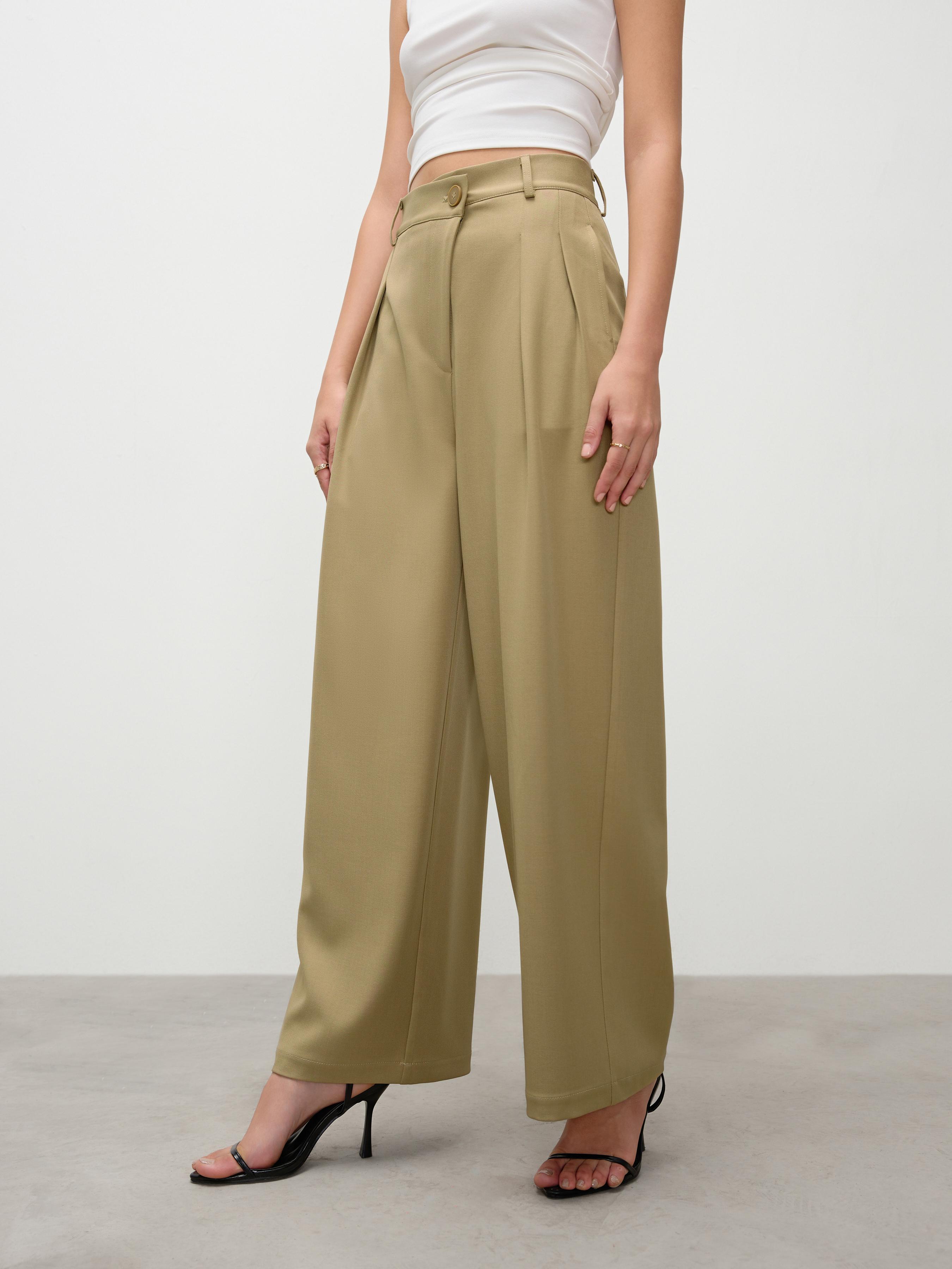 Mid Waist Solid Asymmetrical Pleated Wide Leg Trousers by CIDER