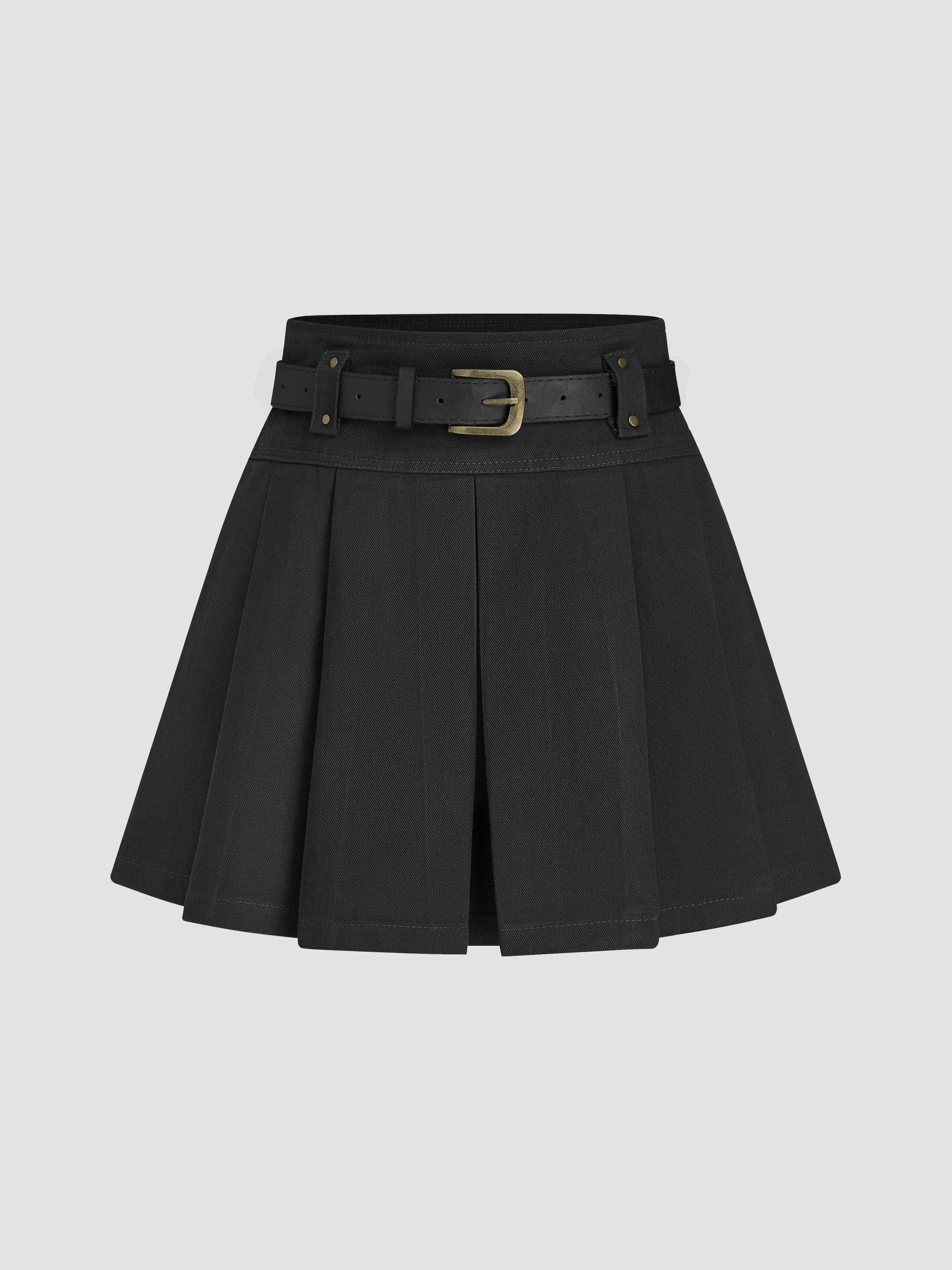 Mid Waist Solid Pleated Skort with Belt by CIDER