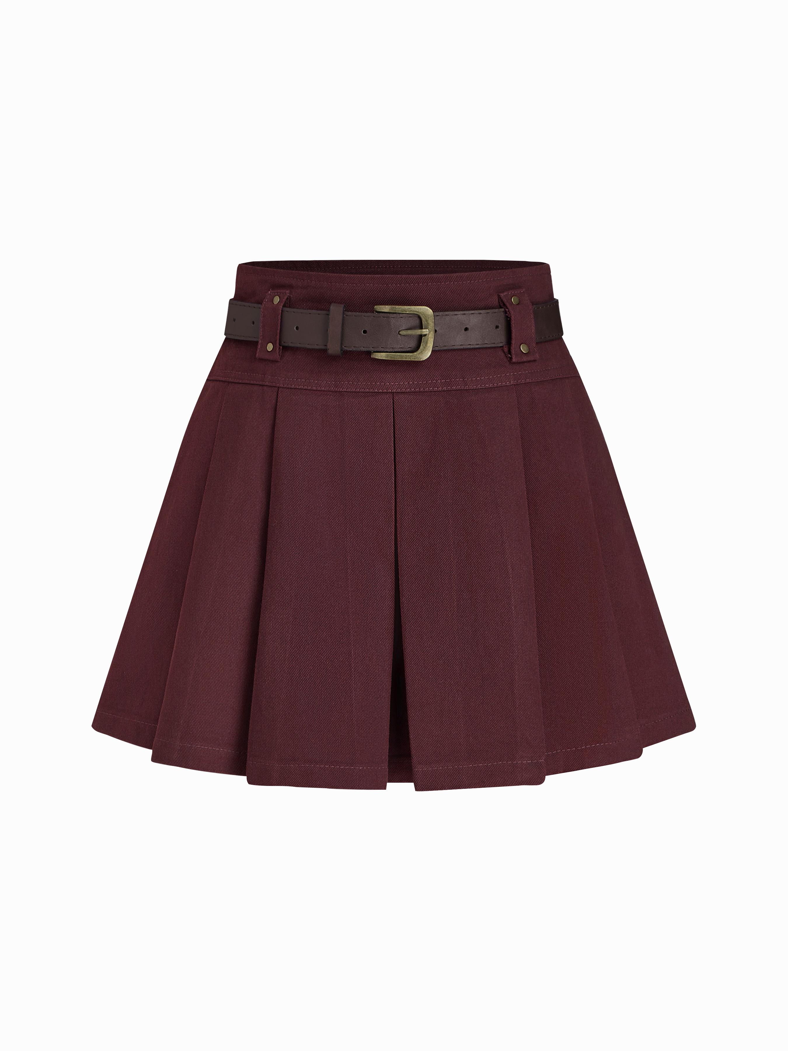 Mid Waist Solid Pleated Skort with Belt by CIDER Mid Waist Solid Pleated Skort with Belt by CIDER