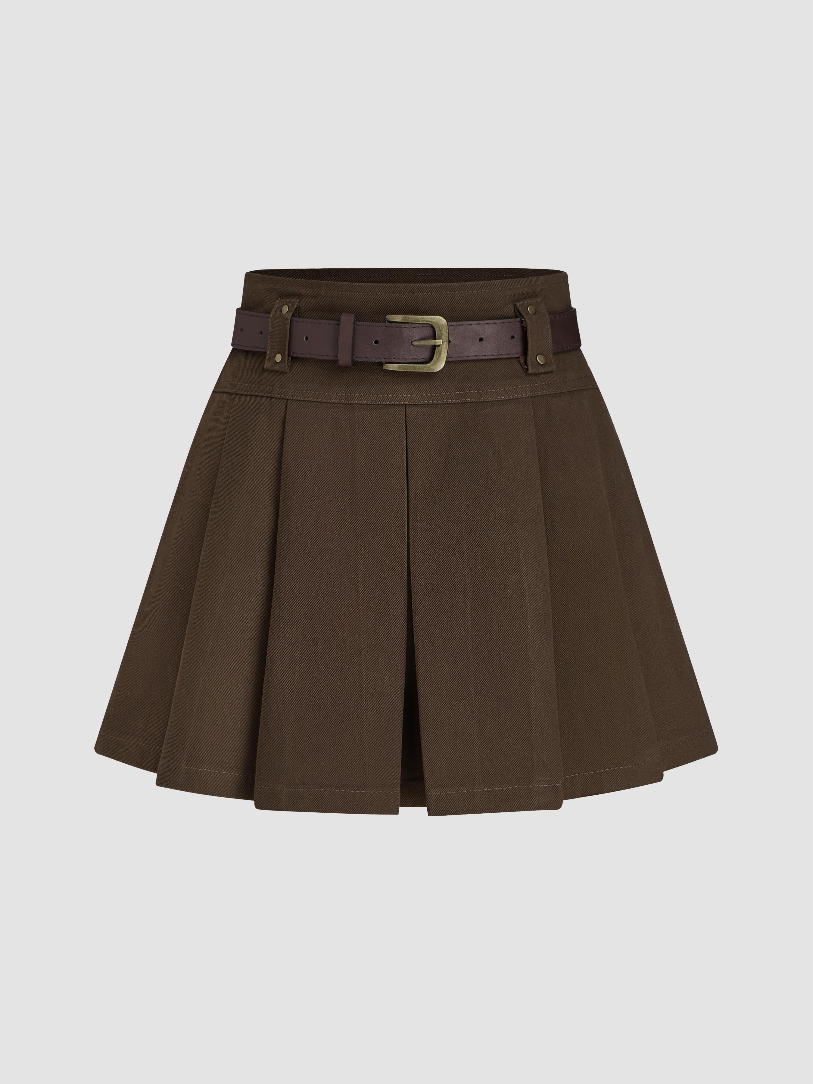 Mid Waist Solid Pleated Skort with Belt by CIDER