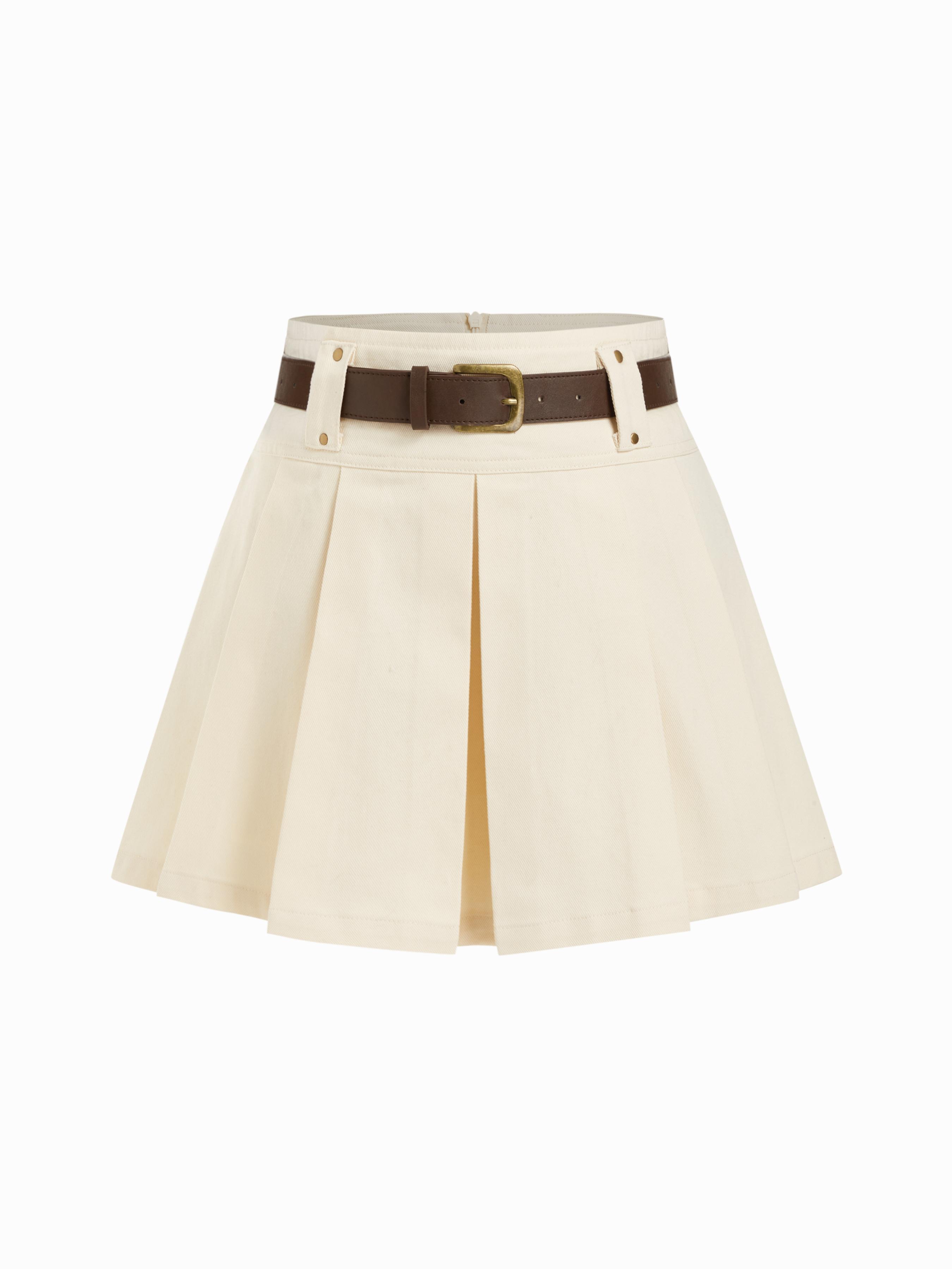 Mid Waist Solid Pleated Skort with Belt by CIDER