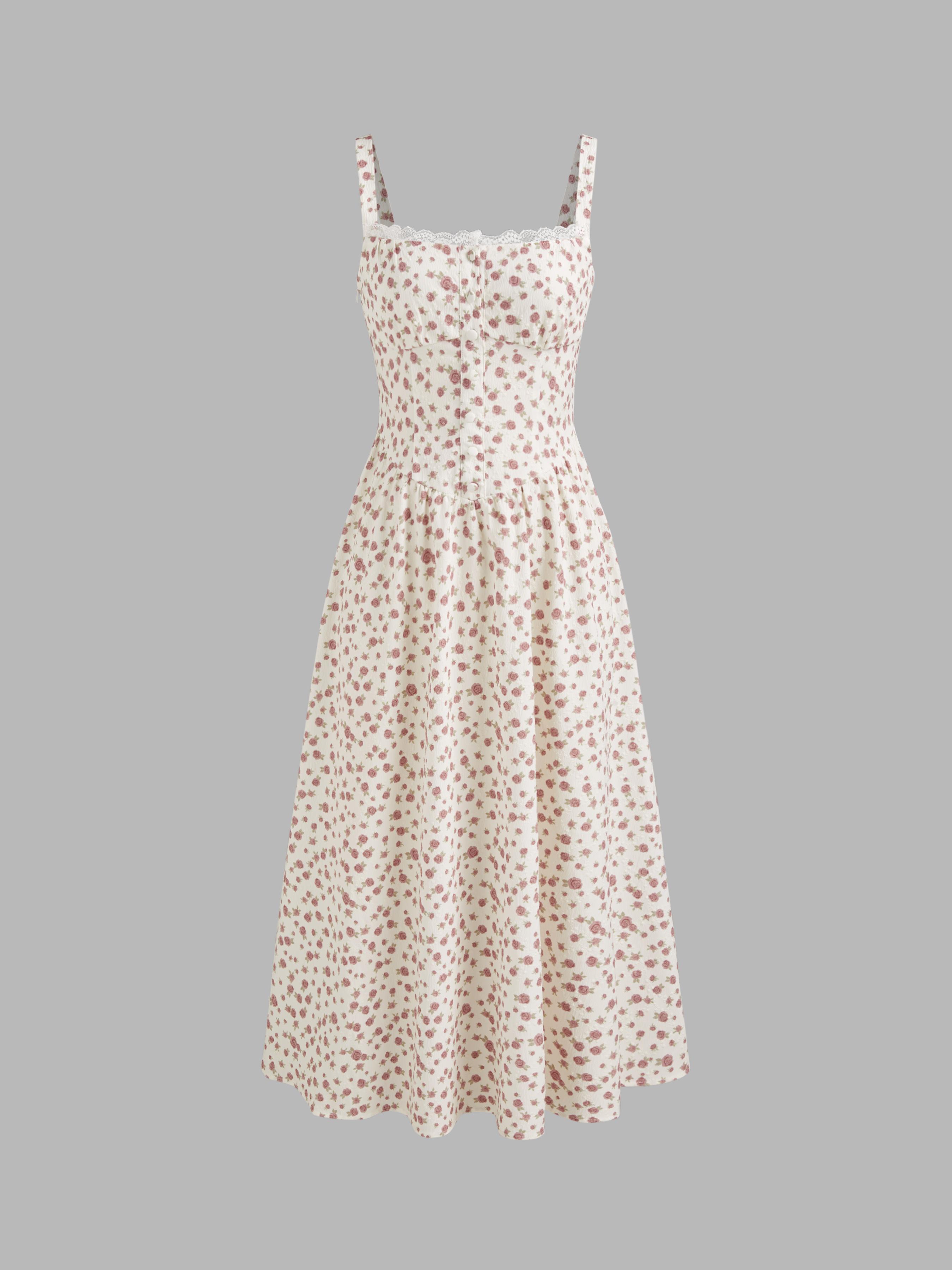 Midi-Kleid mit quadratischem Halsrand, Blumenmuster und Schnürcorsage by CIDER