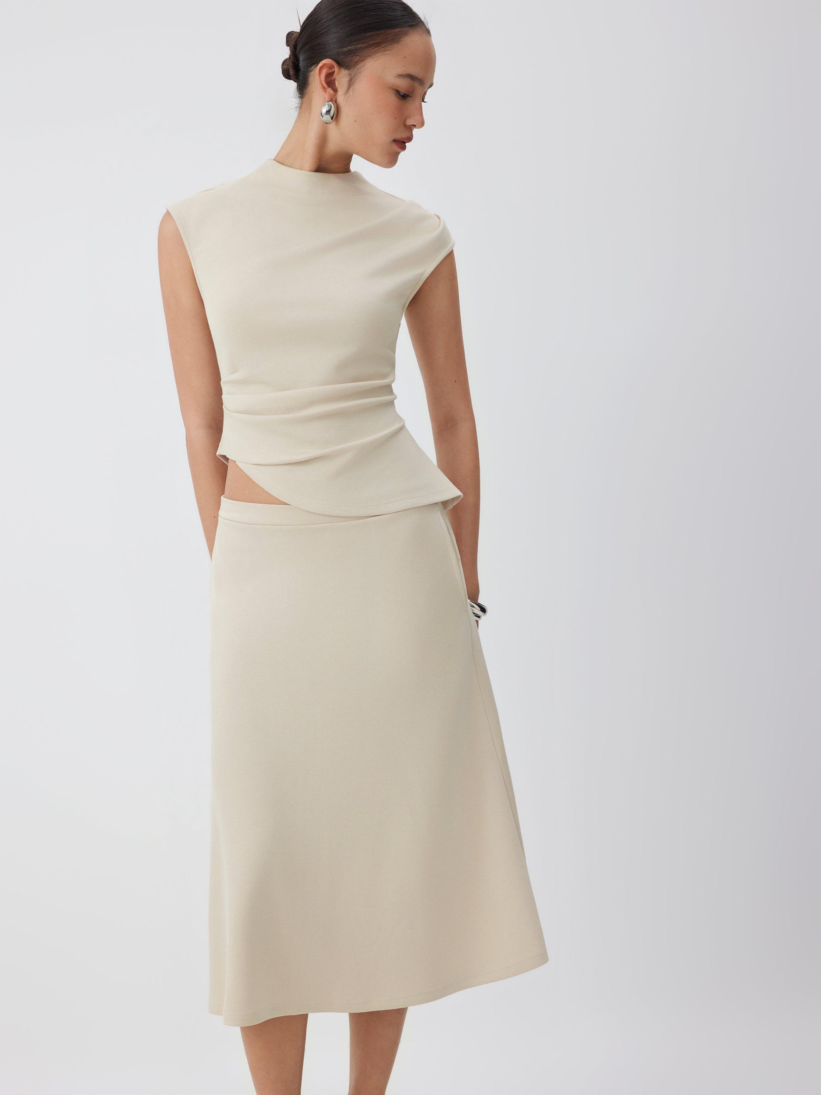 Mock Neck Ruched Asymmetrical Hem Top & Mid Rise A-line Midi Skirt Set by CIDER