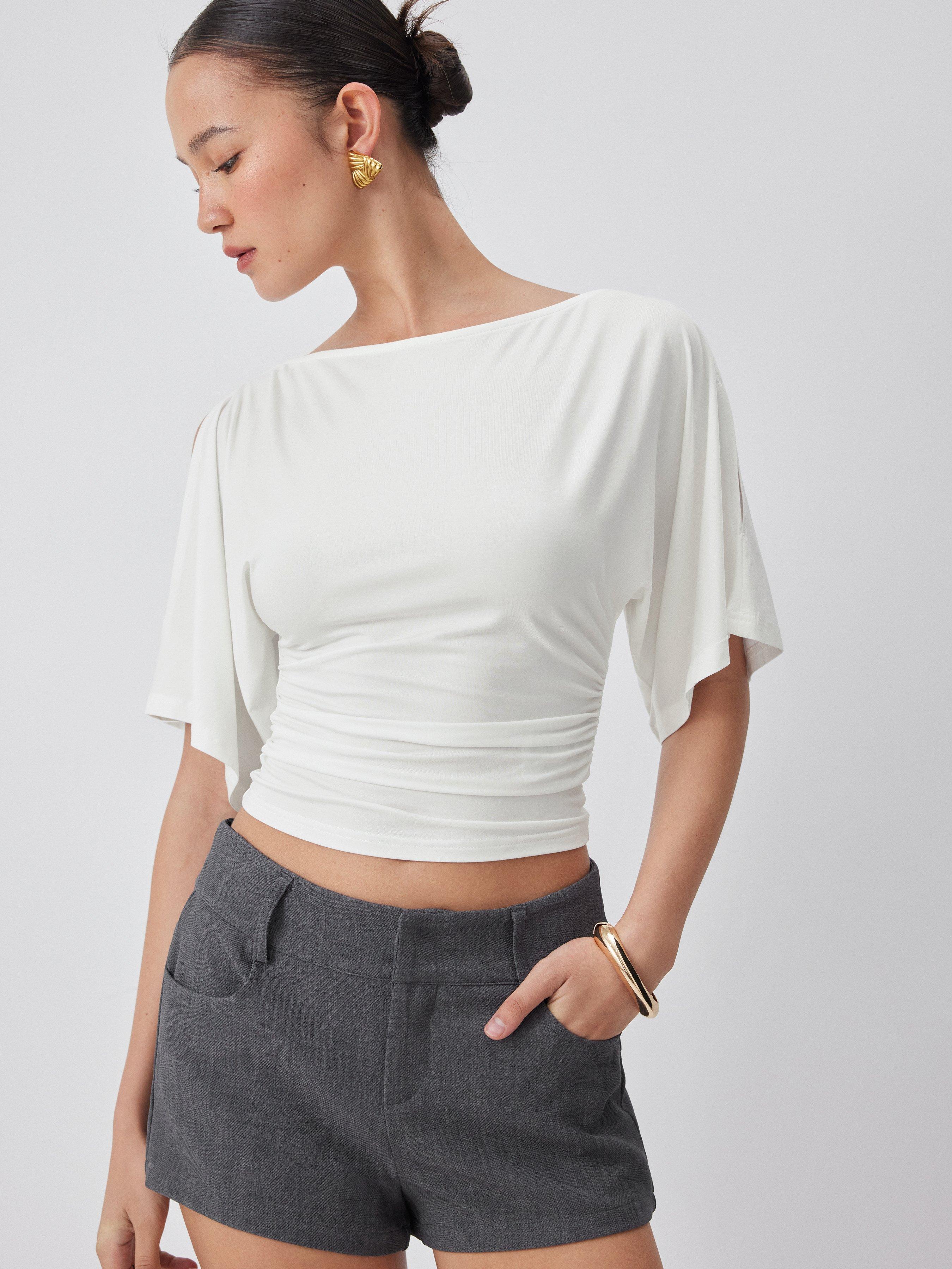 Modal-blend Boat Neck Short Sleeve Cut Out Ruched Top by CIDER