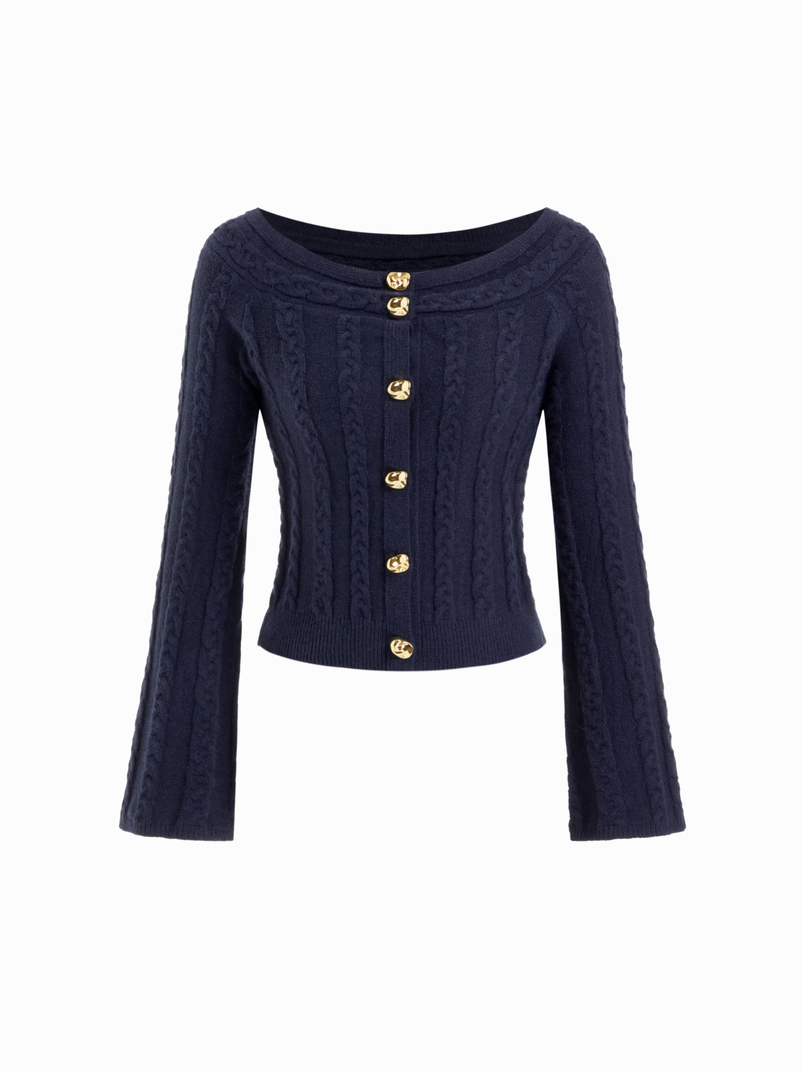 Multi-way Cable Knit Boat Neck Metal Detail Cardigan by CIDER