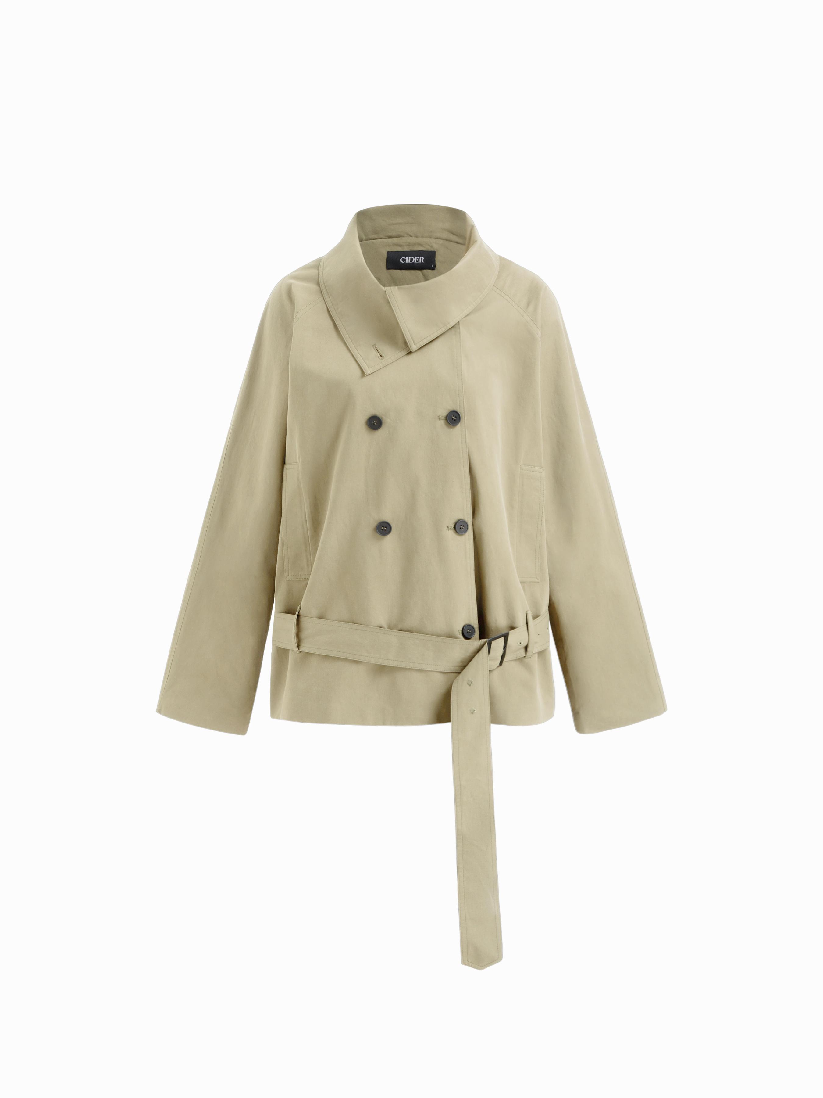 Multi-way Cotton Funnel Neck Double Breasted Oversized Windbreaker With Belt by CIDER
