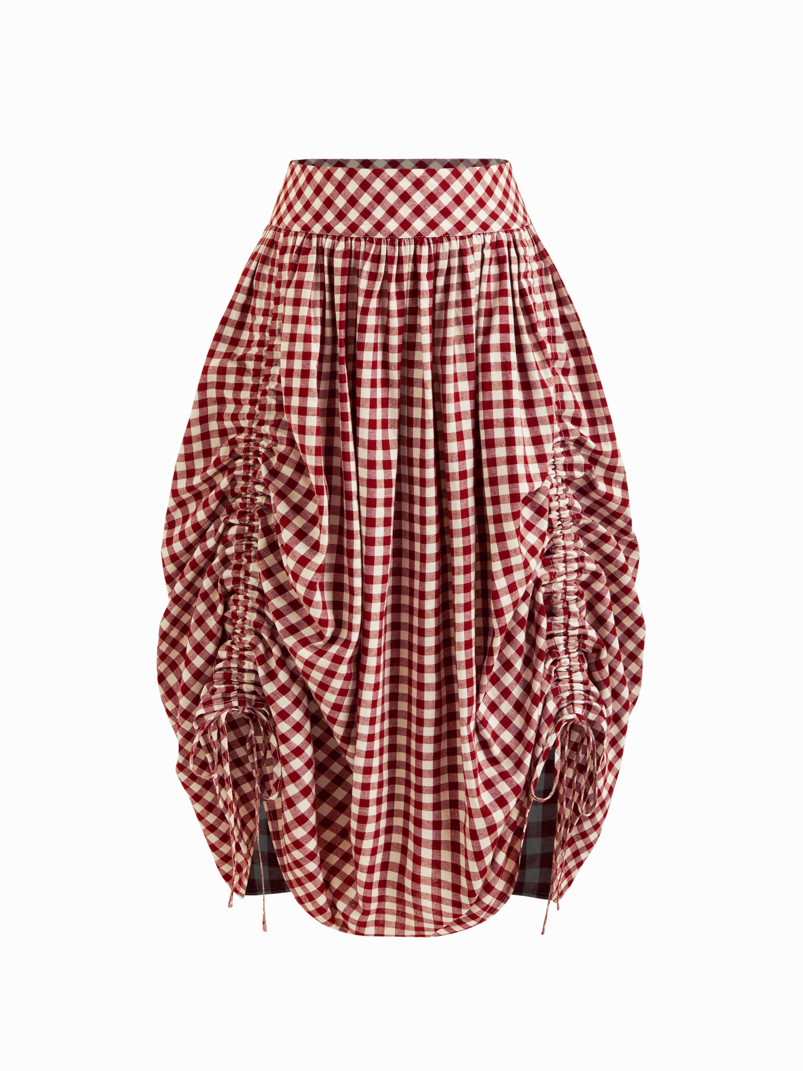 Multi-way Cotton-blend Mid Rise Gingham Drawstring Ruffle Hem Maxi Skirt by CIDER
