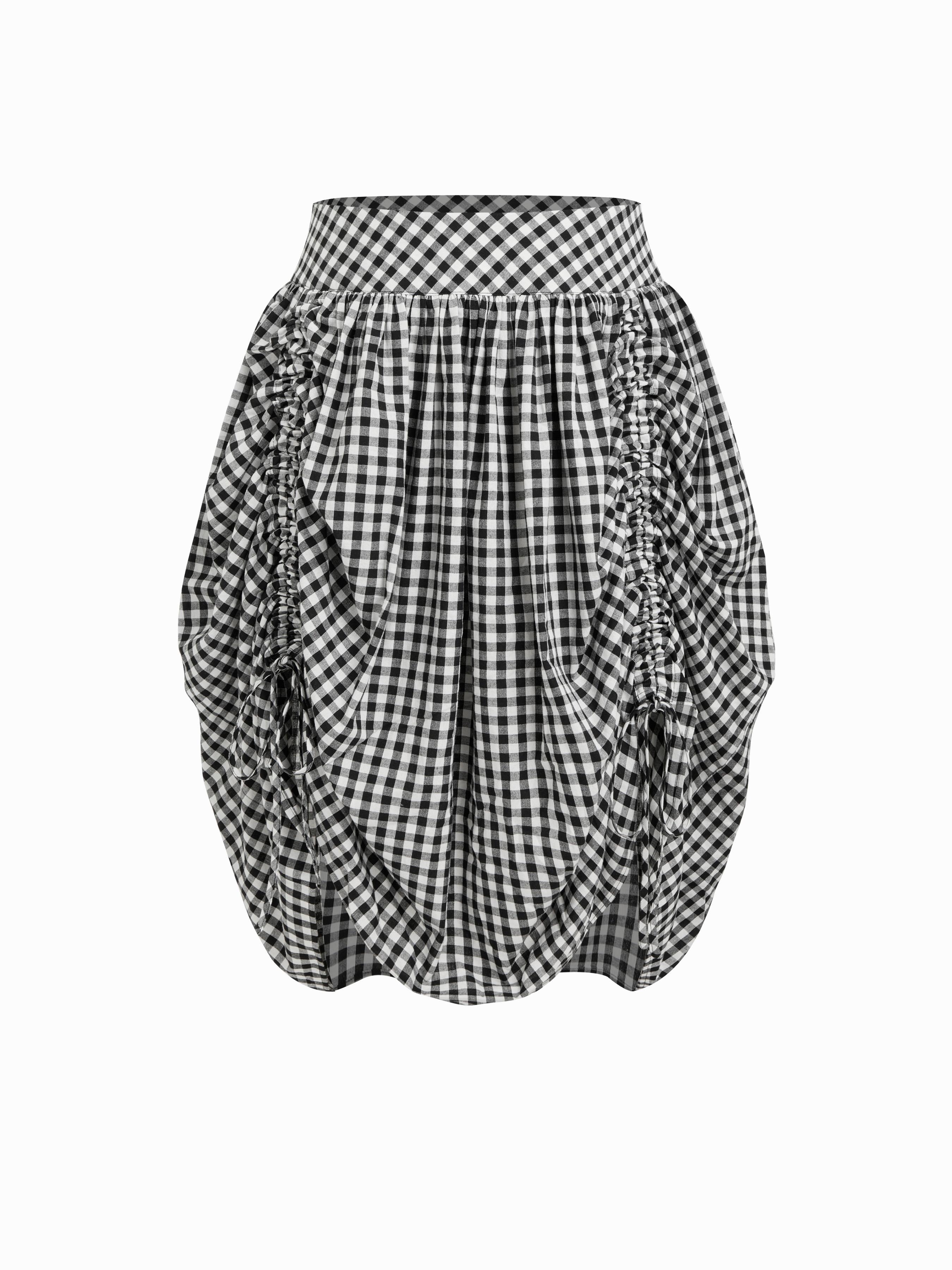 Multi-way Cotton-blend Mid Rise Gingham Drawstring Ruffle Hem Maxi Skirt Curve & Plus by CIDER