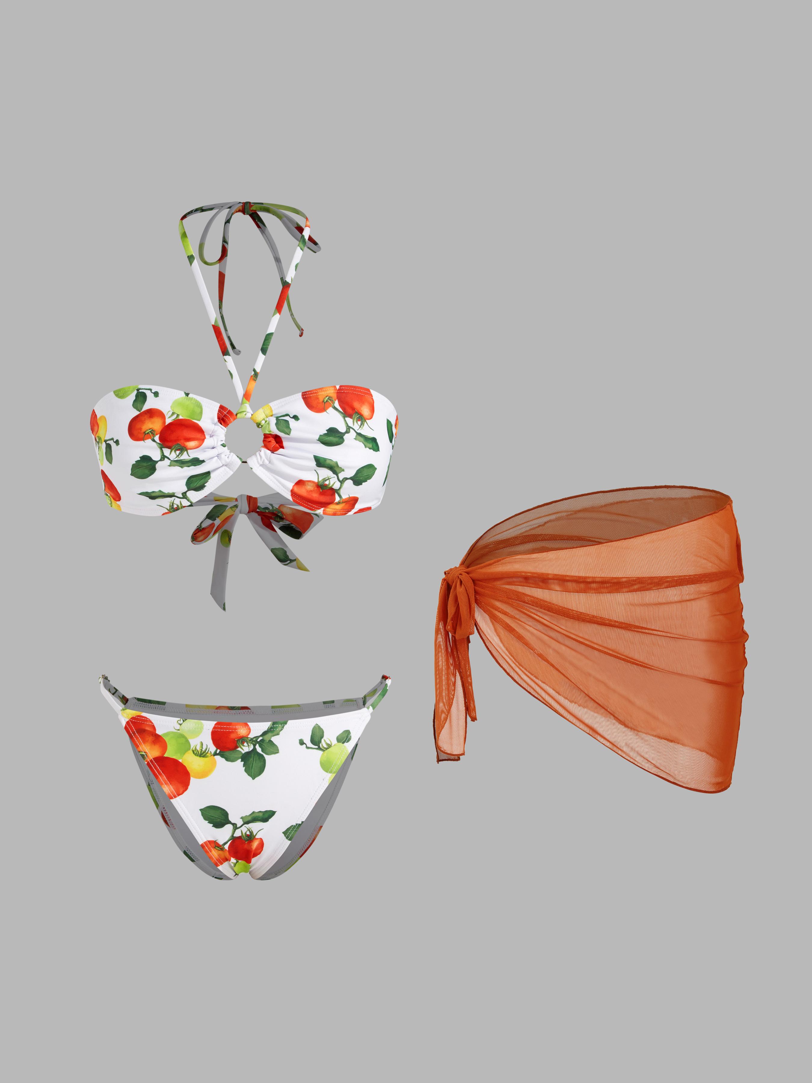 Multi-way Halter Neckline Tomato Knotted Bandeau Thong Bikini Set With Sarong by CIDER