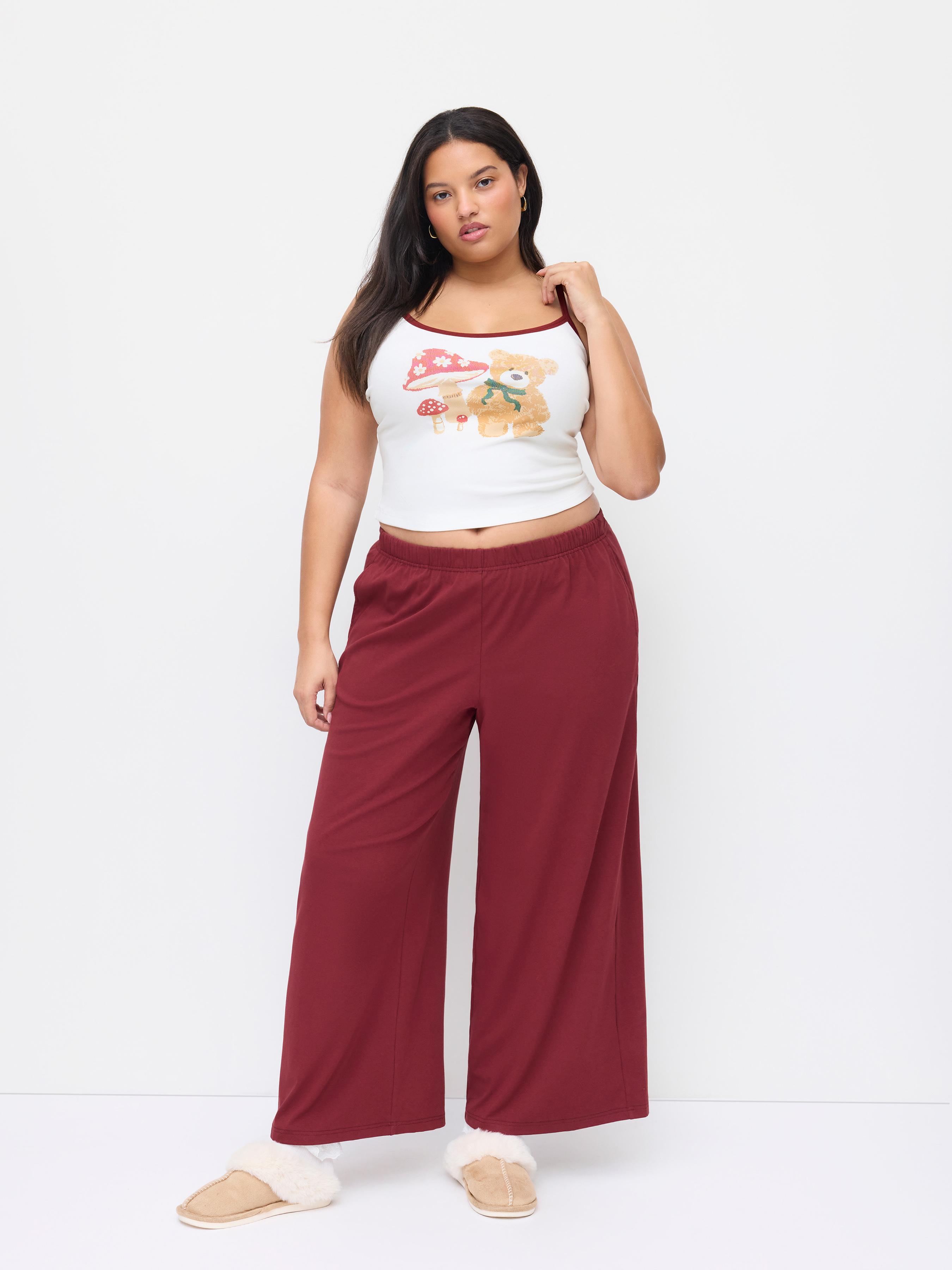 Mushroom & Bear Graphic Cotton-blend Cami Top & Mid Rise Wide Leg Trousers Loungewear Set Curve & Plus by CIDER