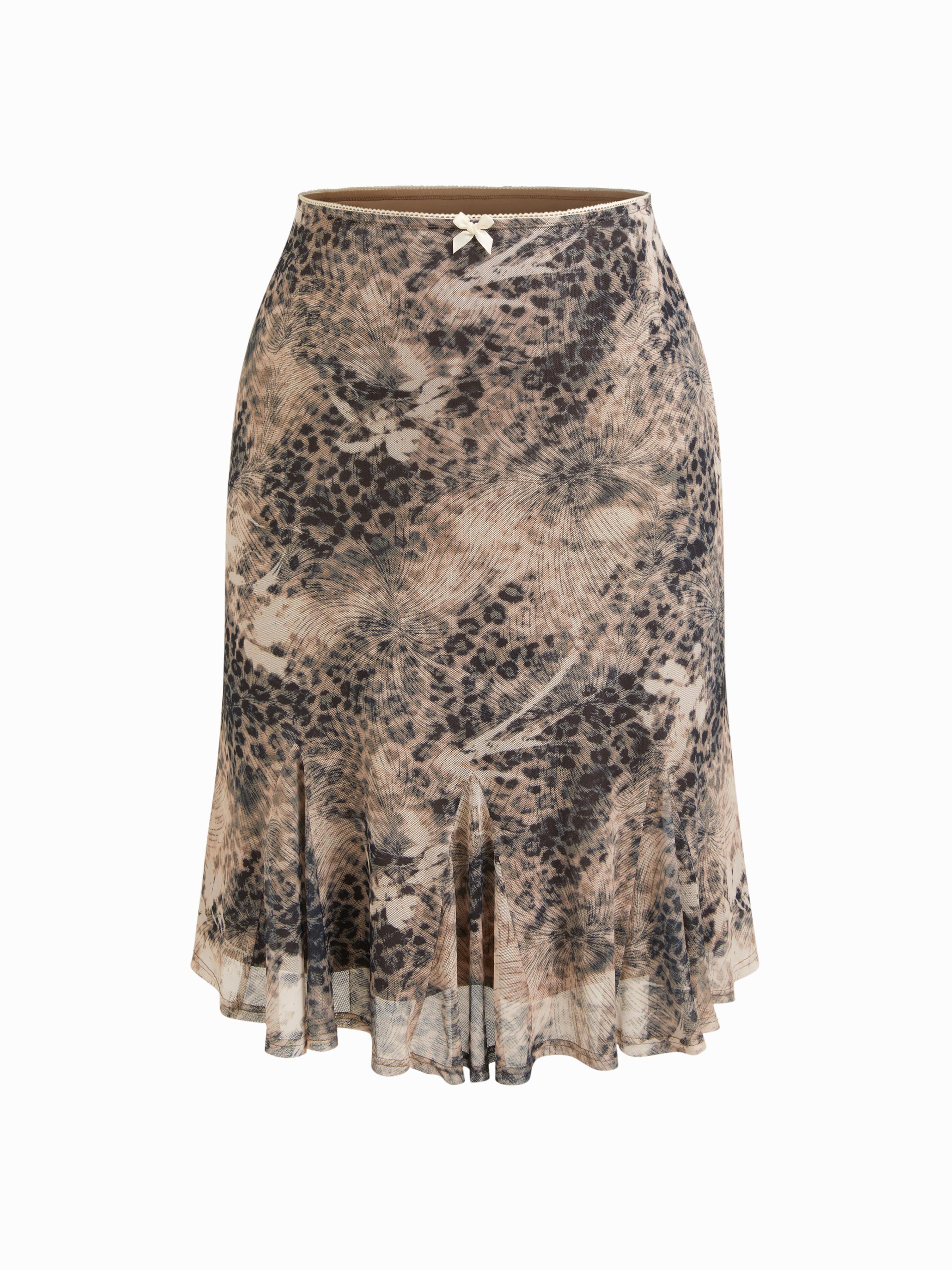 Netzartiges Leopard-Midi-Skirt mit Bogenknoten und Spitzenrand, Mittelhöhe, Kurve & Plus by CIDER