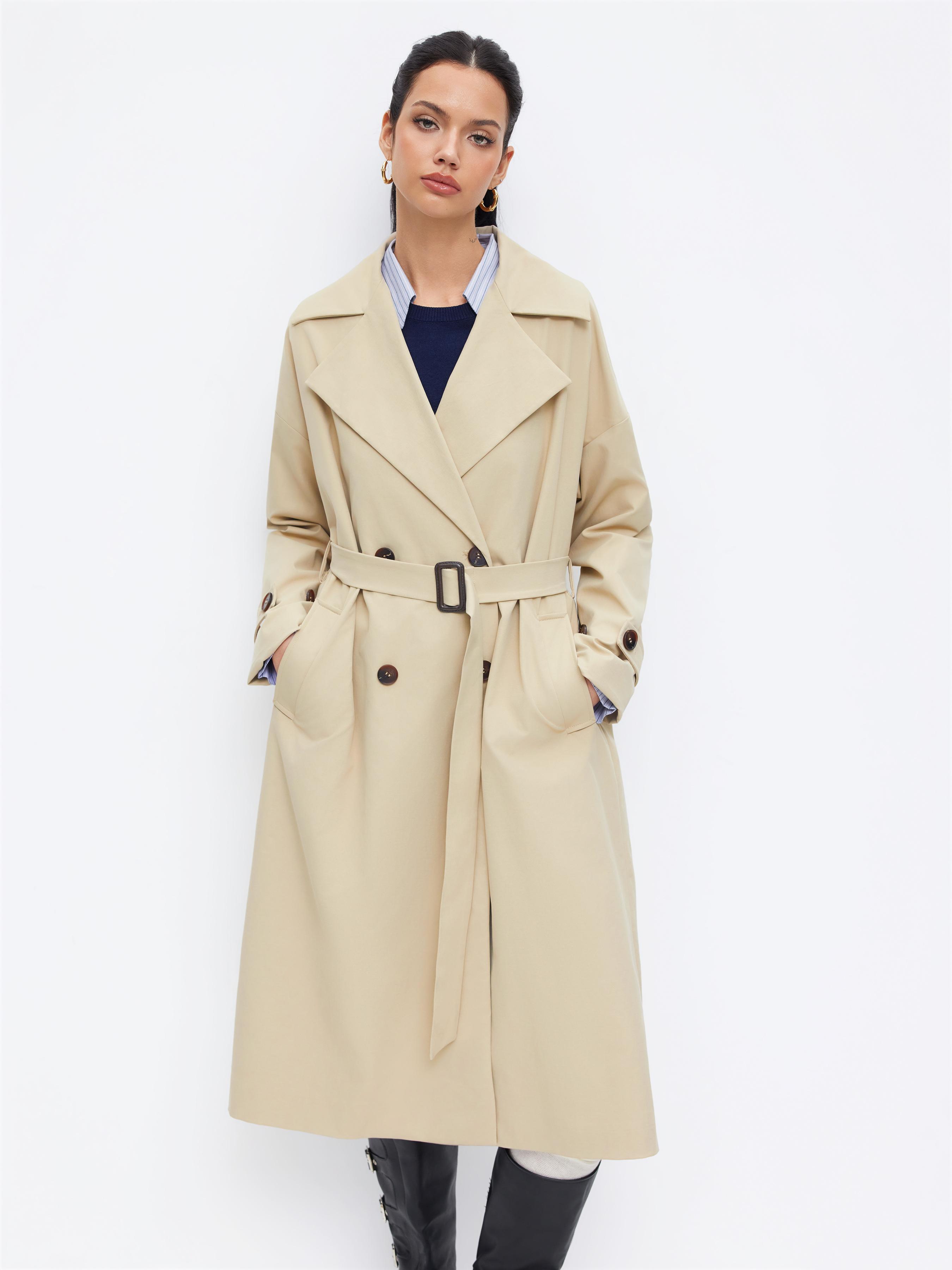 Notched Collar Double Breasted Oversized Trench Coat With Belt by CIDER