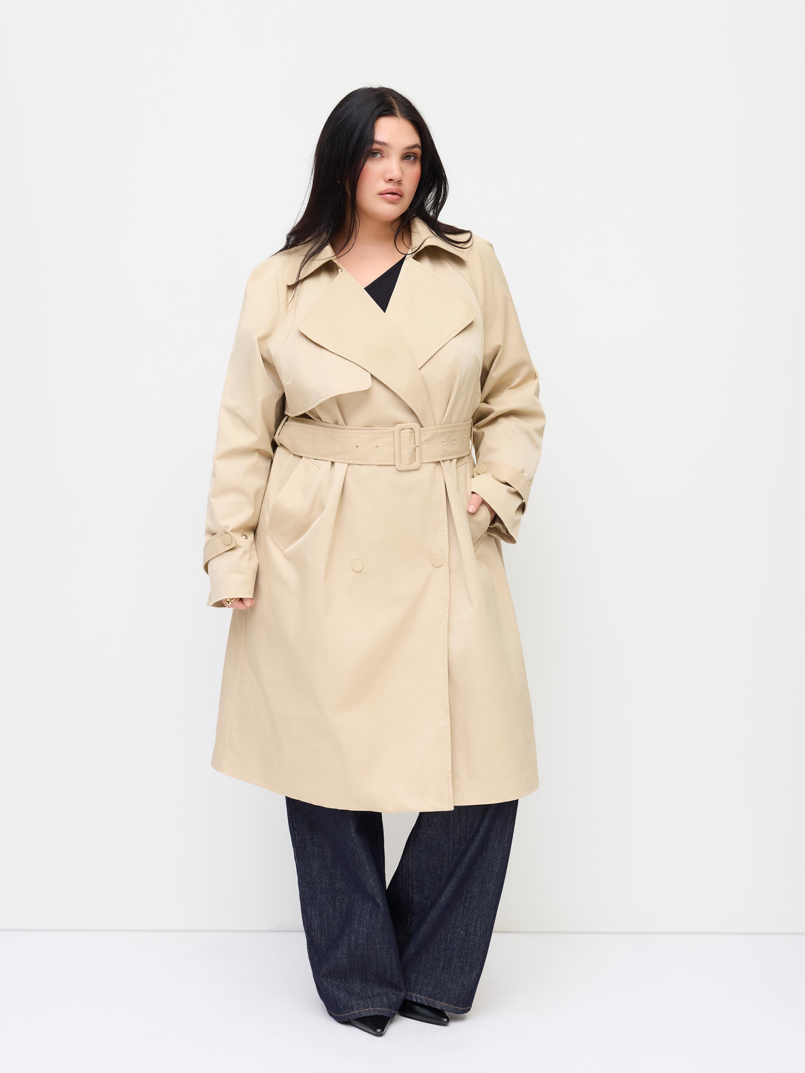 Notched Collar Oversized Trench Coat With Belt Curve & Plus by CIDER