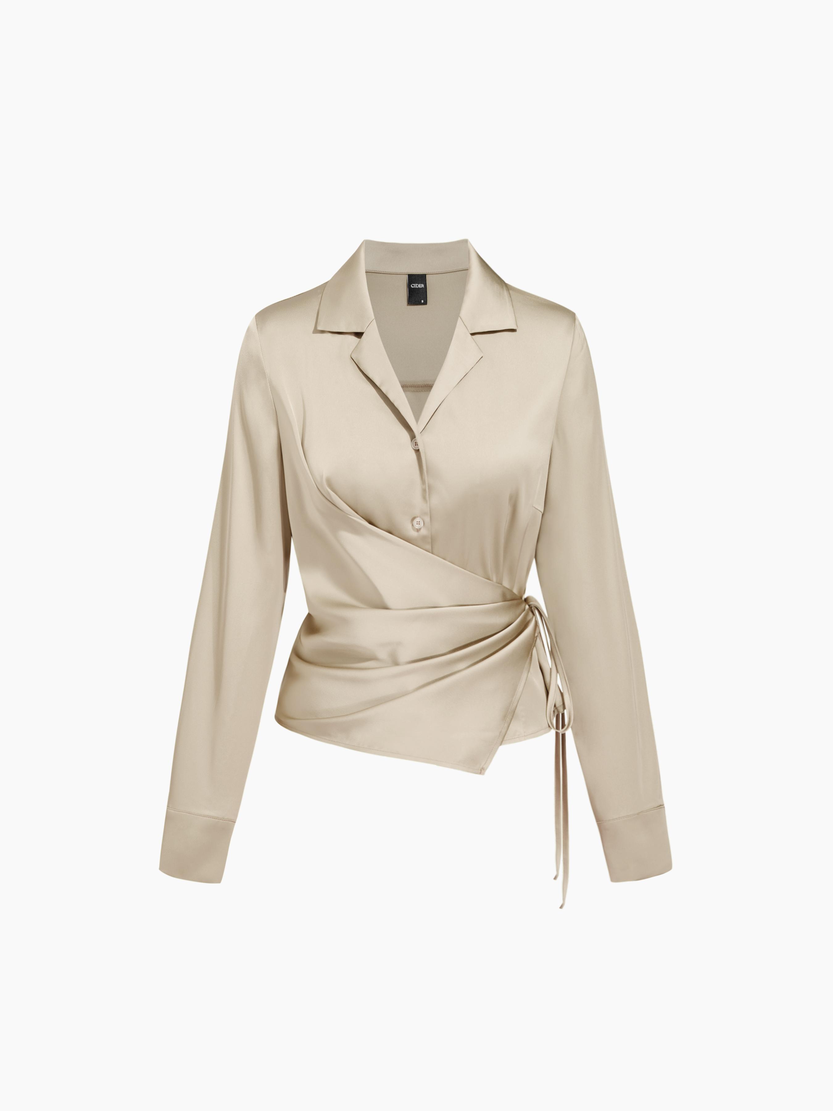 Notched Collar Ruched Knotted Shirt by CIDER