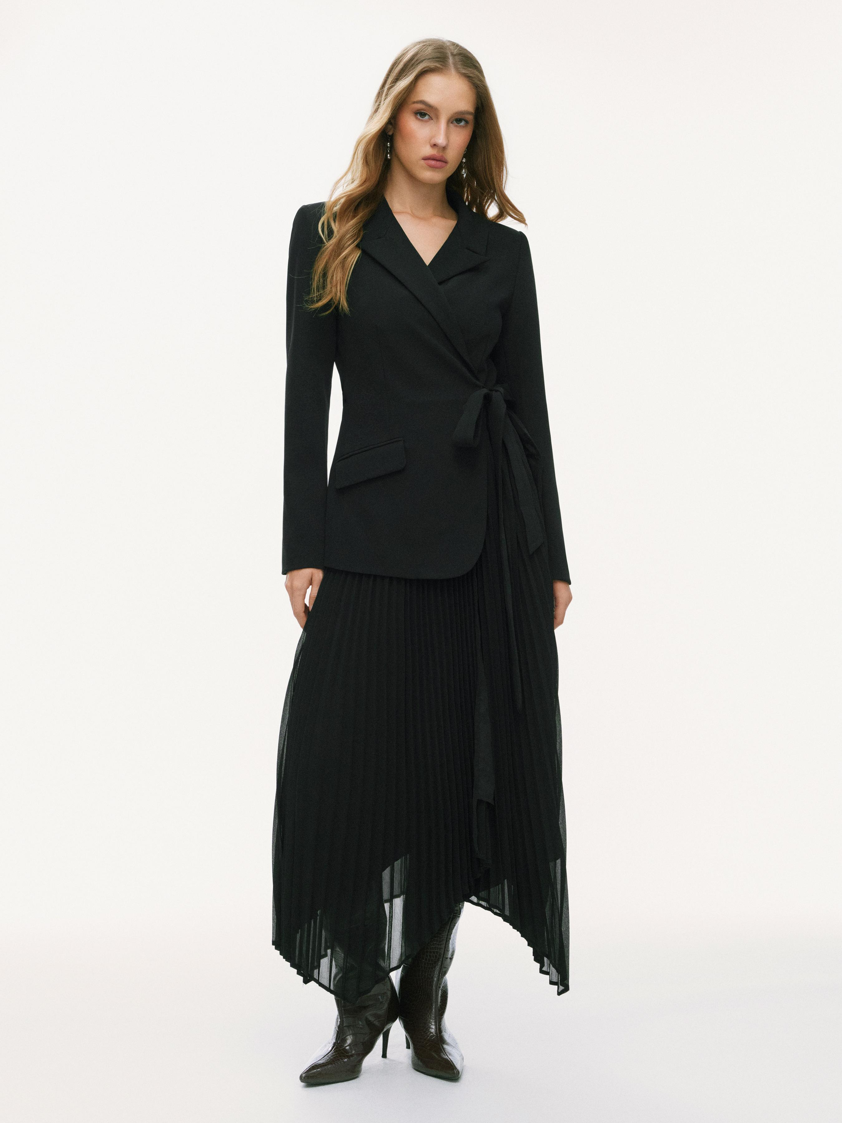 Notched Collar Tie Pleated Blazer Maxi Dress by CIDER