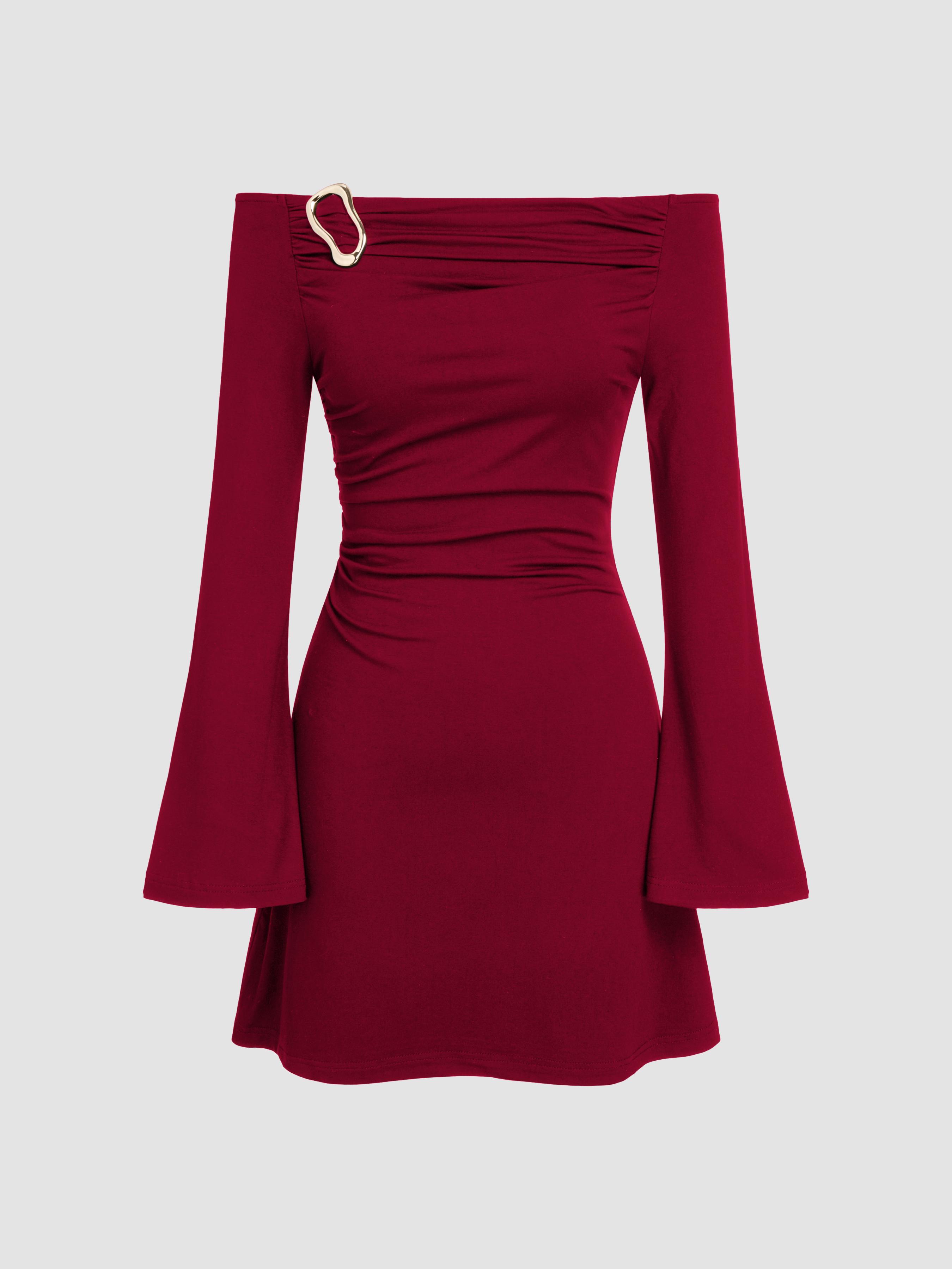 Off-Shoulder Bell Sleeve Hook Ruched Mini Dress by CIDER Off-Shoulder Bell Sleeve Hook Ruched Mini Dress by CIDER