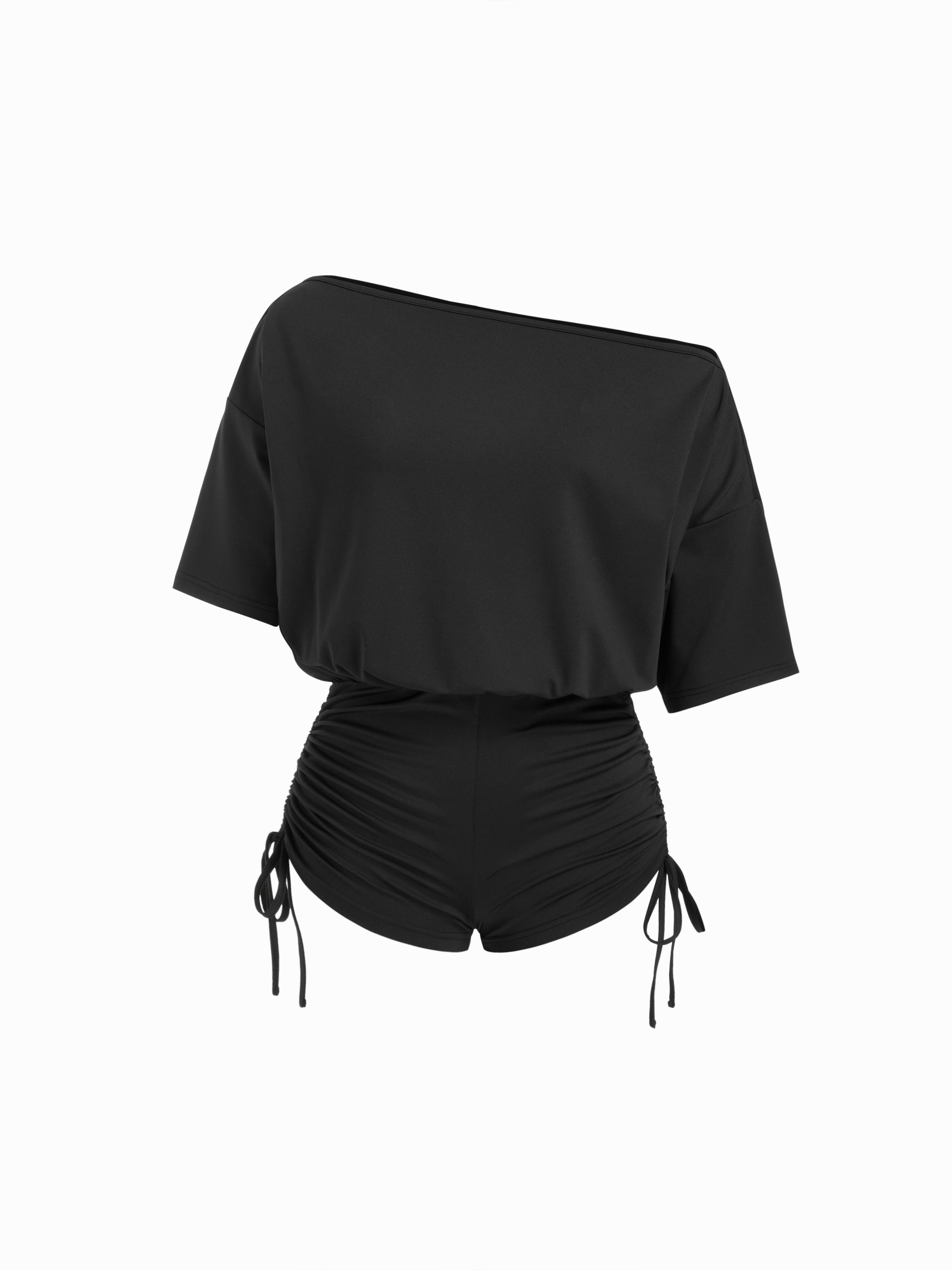 Off-Shoulder Drawstring Ruched Romper by CIDER
