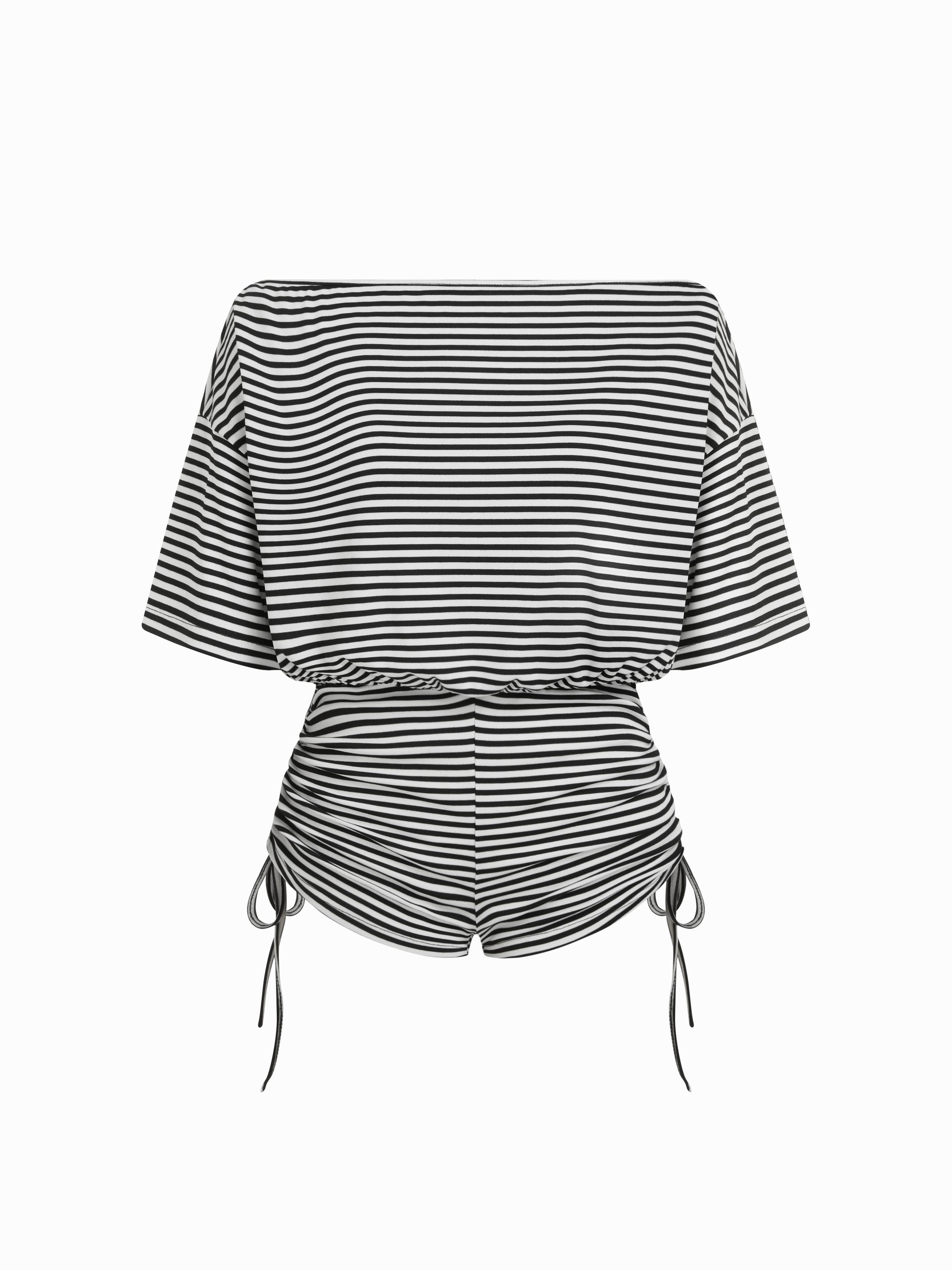 Off-Shoulder Drawstring Ruched Romper by CIDER