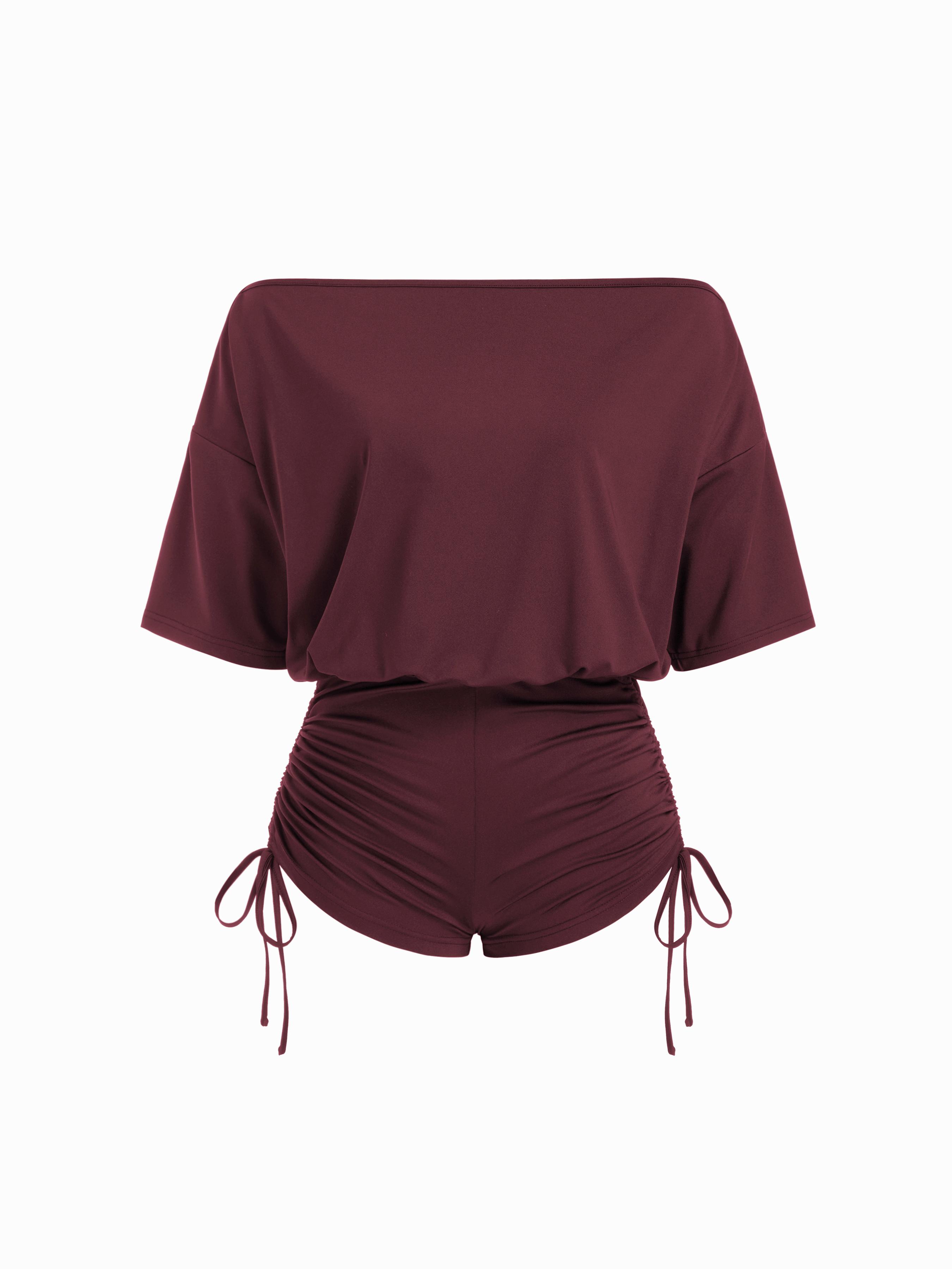 Off-Shoulder Drawstring Ruched Romper by CIDER