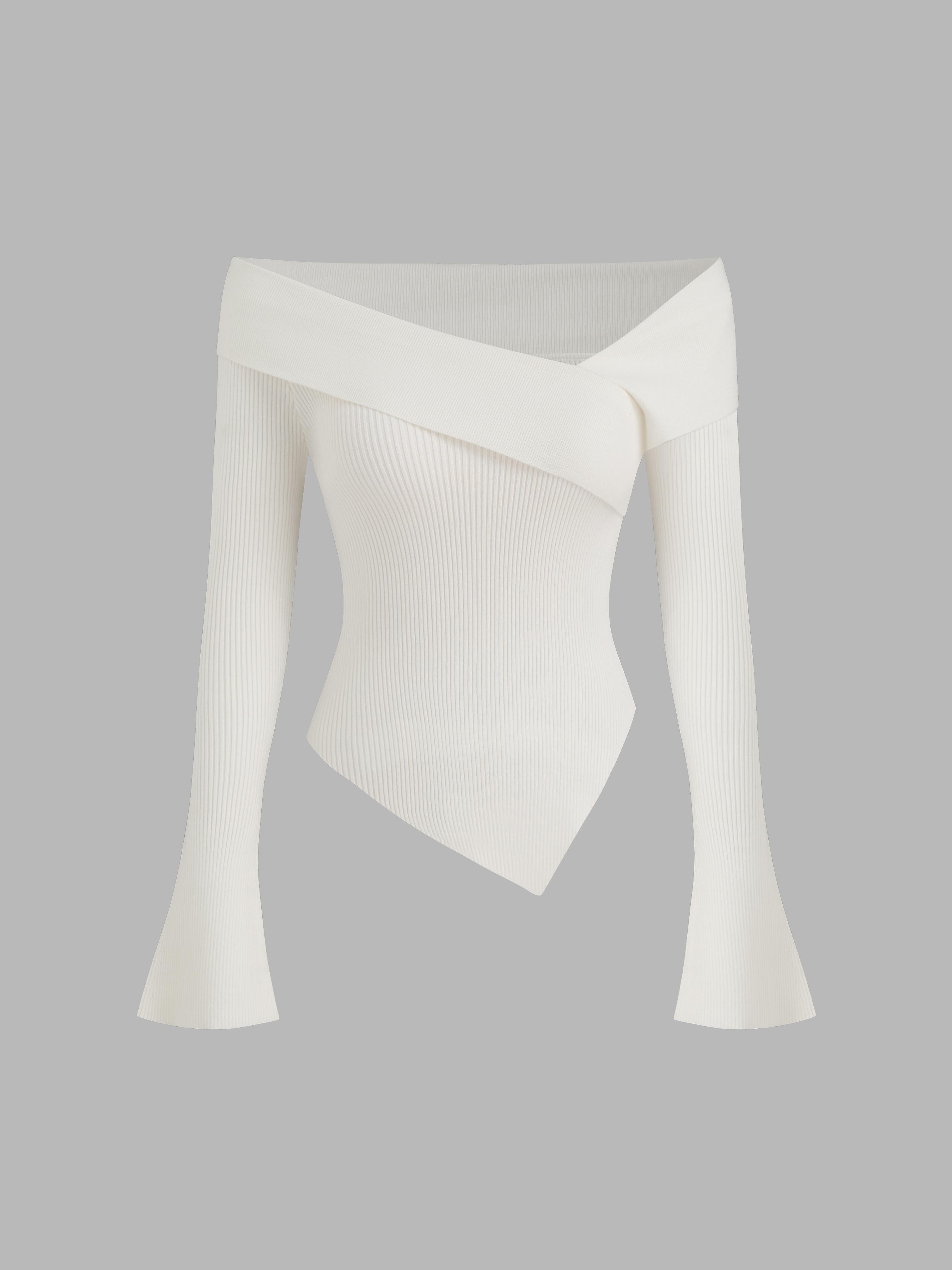 Off-shoulder Asymmetrical Hem Rib Sweater Top by CIDER