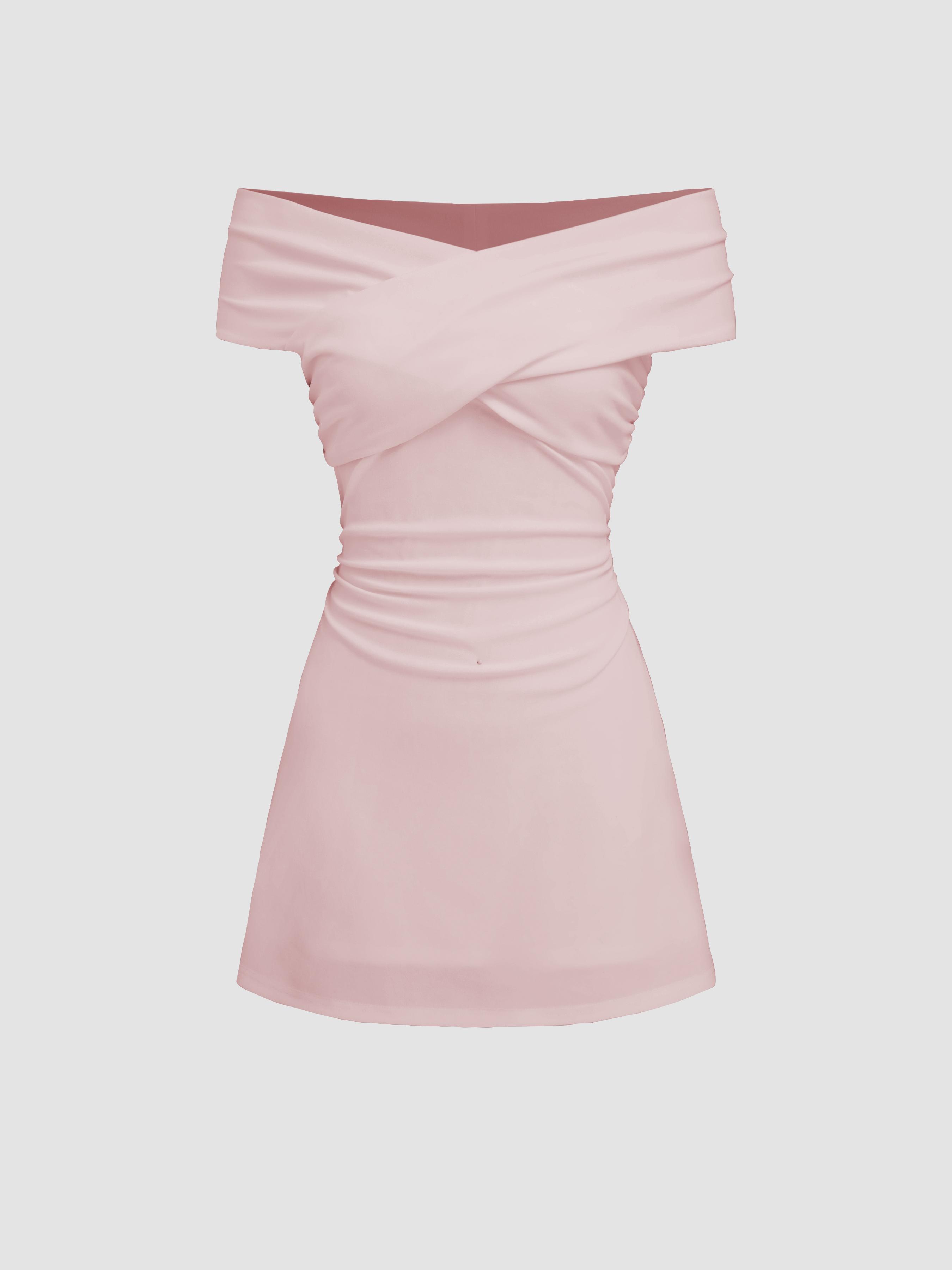 Off-shoulder Criss Cross Ruched Mini Dress by CIDER