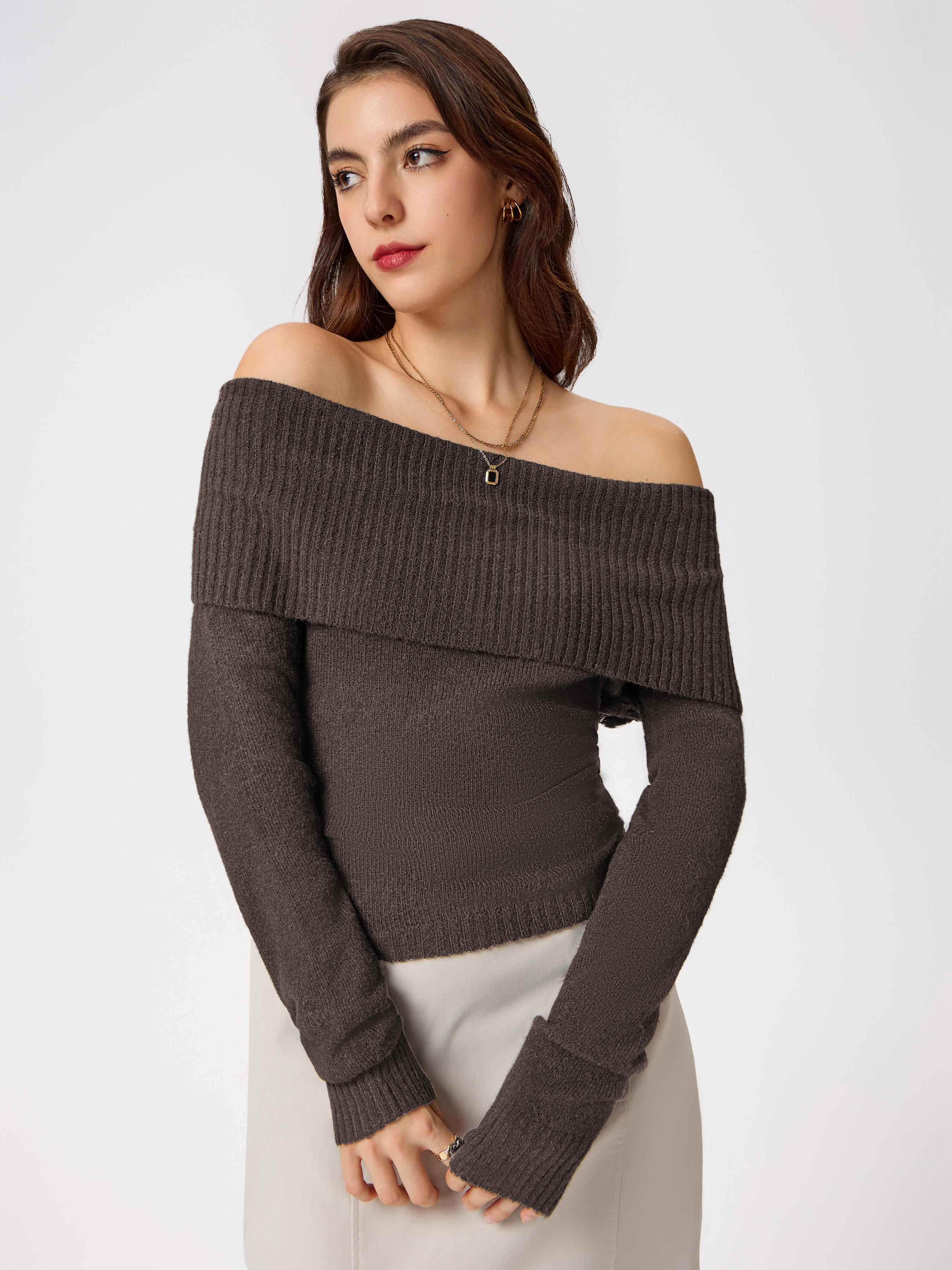 Off-shoulder Knitted Long Sleeve Top by CIDER
