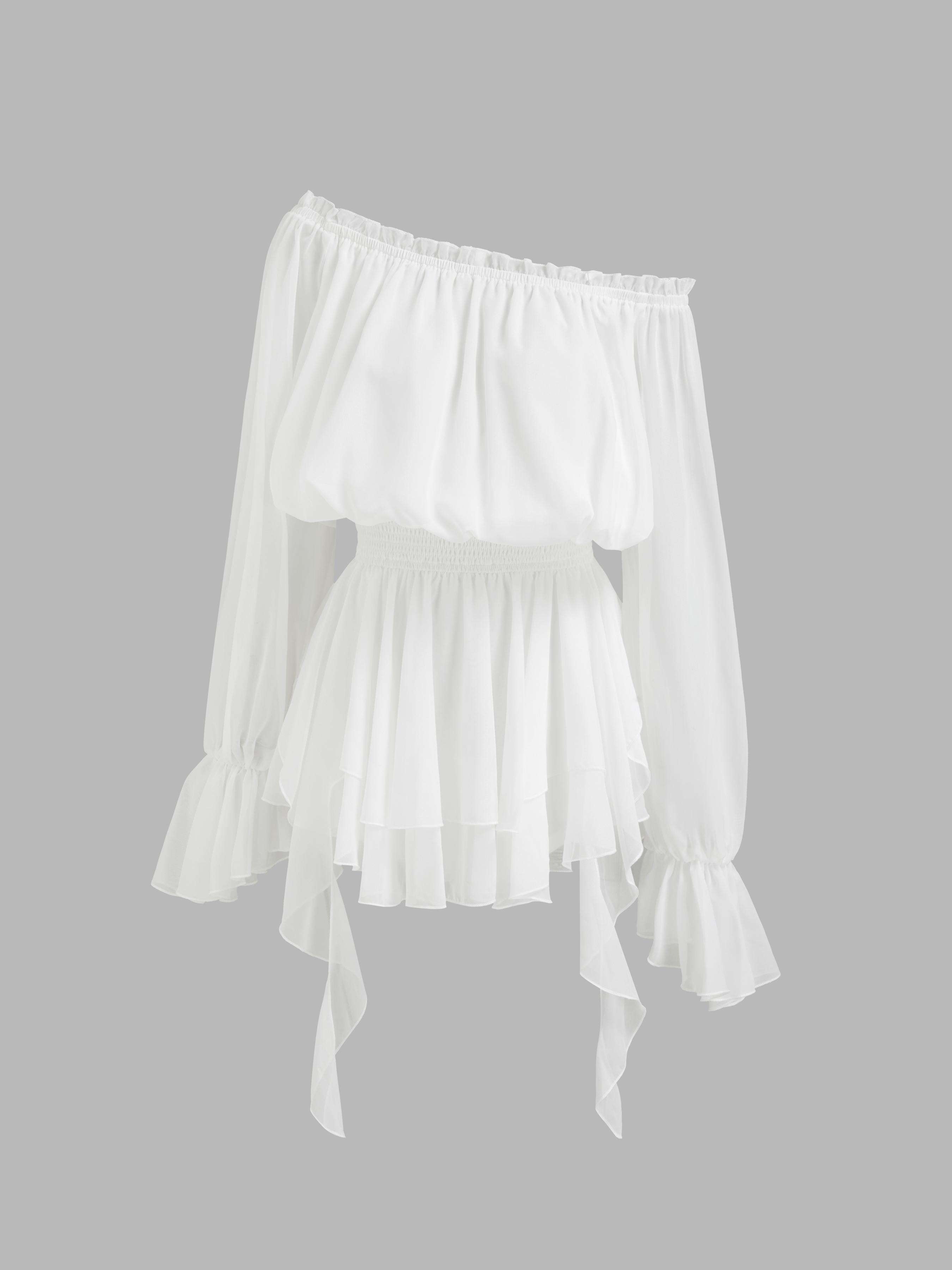 Off-shoulder Lantern Sleeve Asymmetrical Ruffle Hem Mini Dress by CIDER