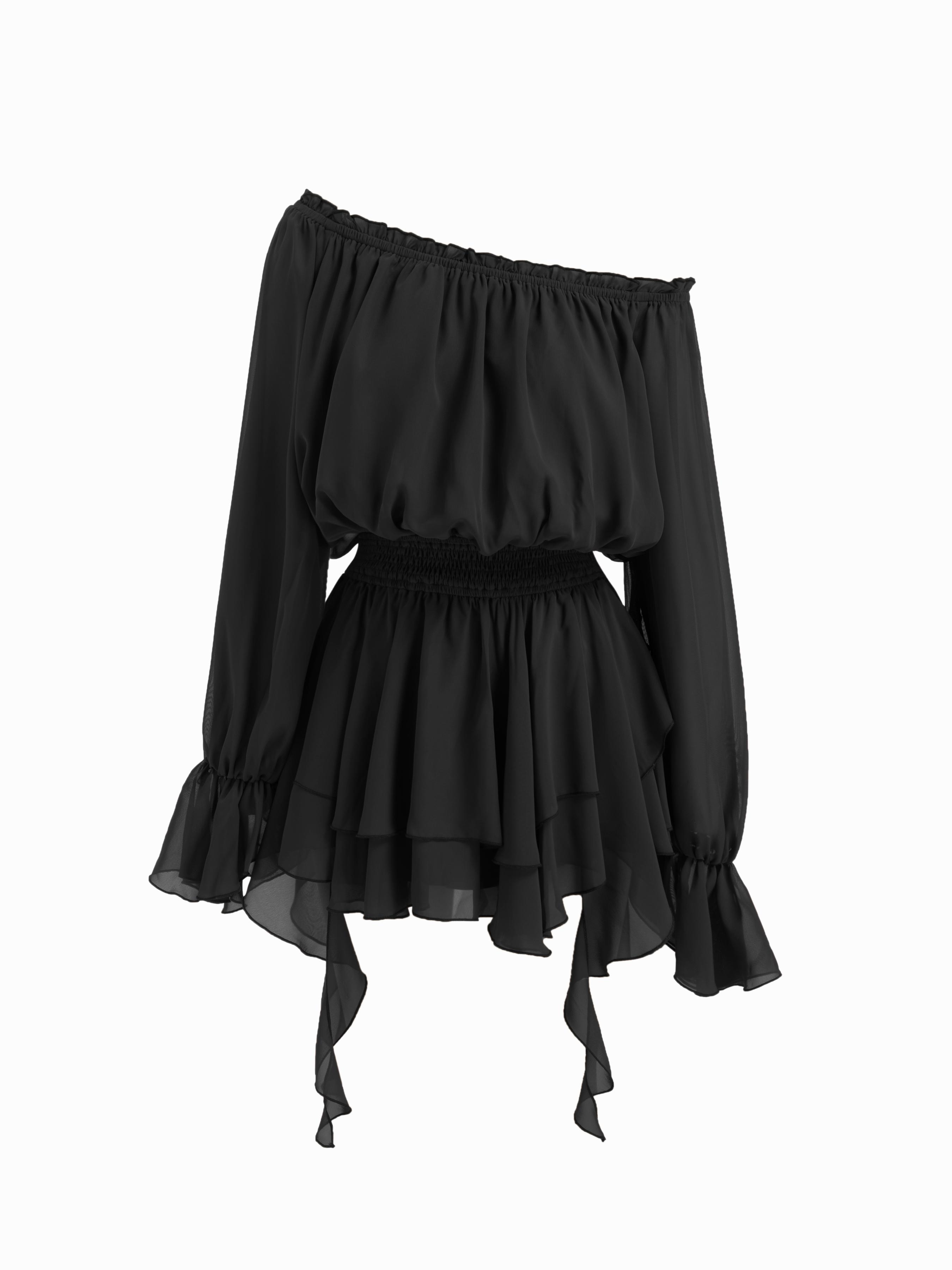 Off-shoulder Lantern Sleeve Asymmetrical Ruffle Hem Mini Dress by CIDER