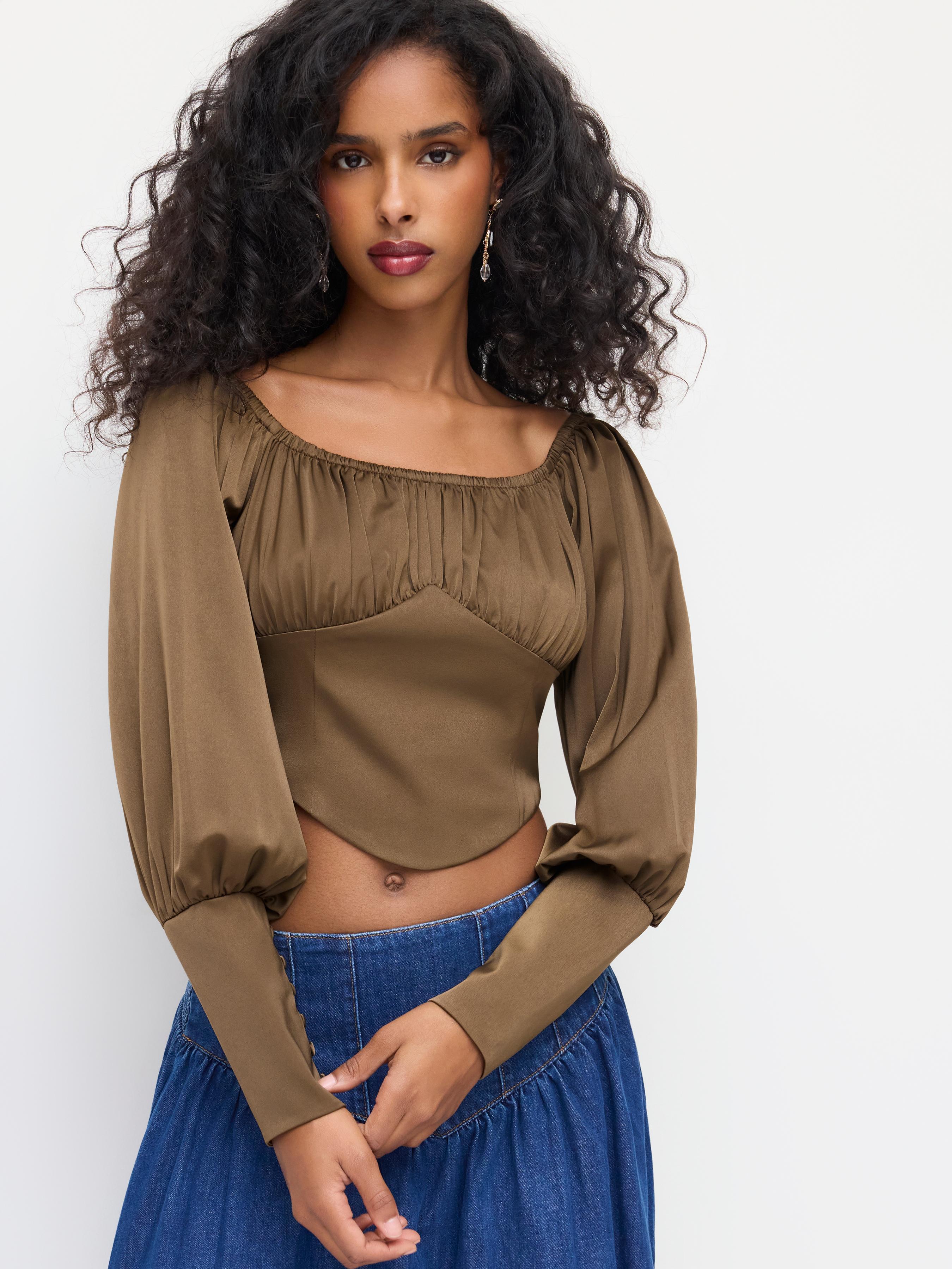 Off-shoulder Long Sleeve Lace Up Corset Blouse by CIDER
