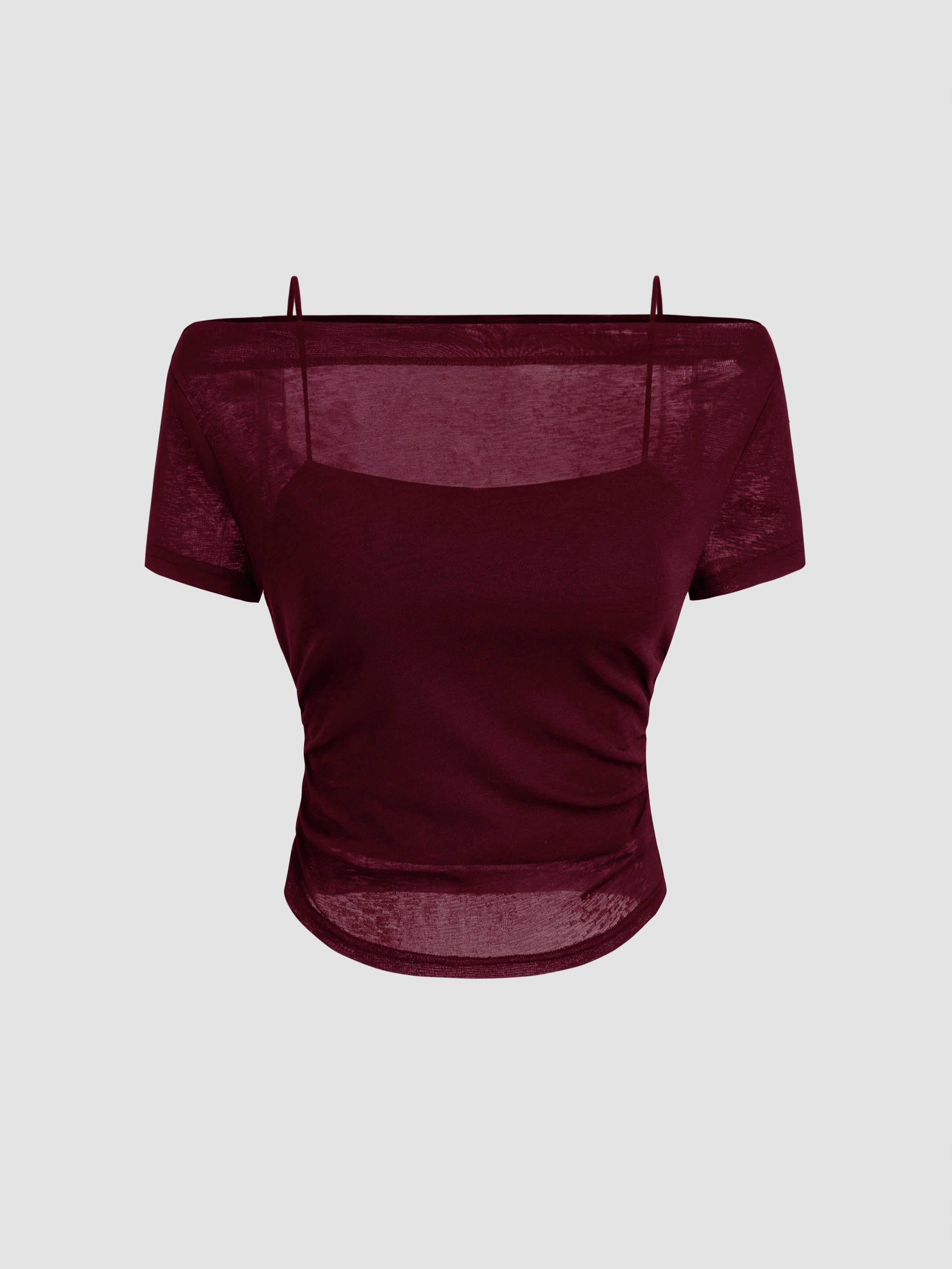 Off-shoulder Ruched Short Sleeve Tee & Cami Top by CIDER