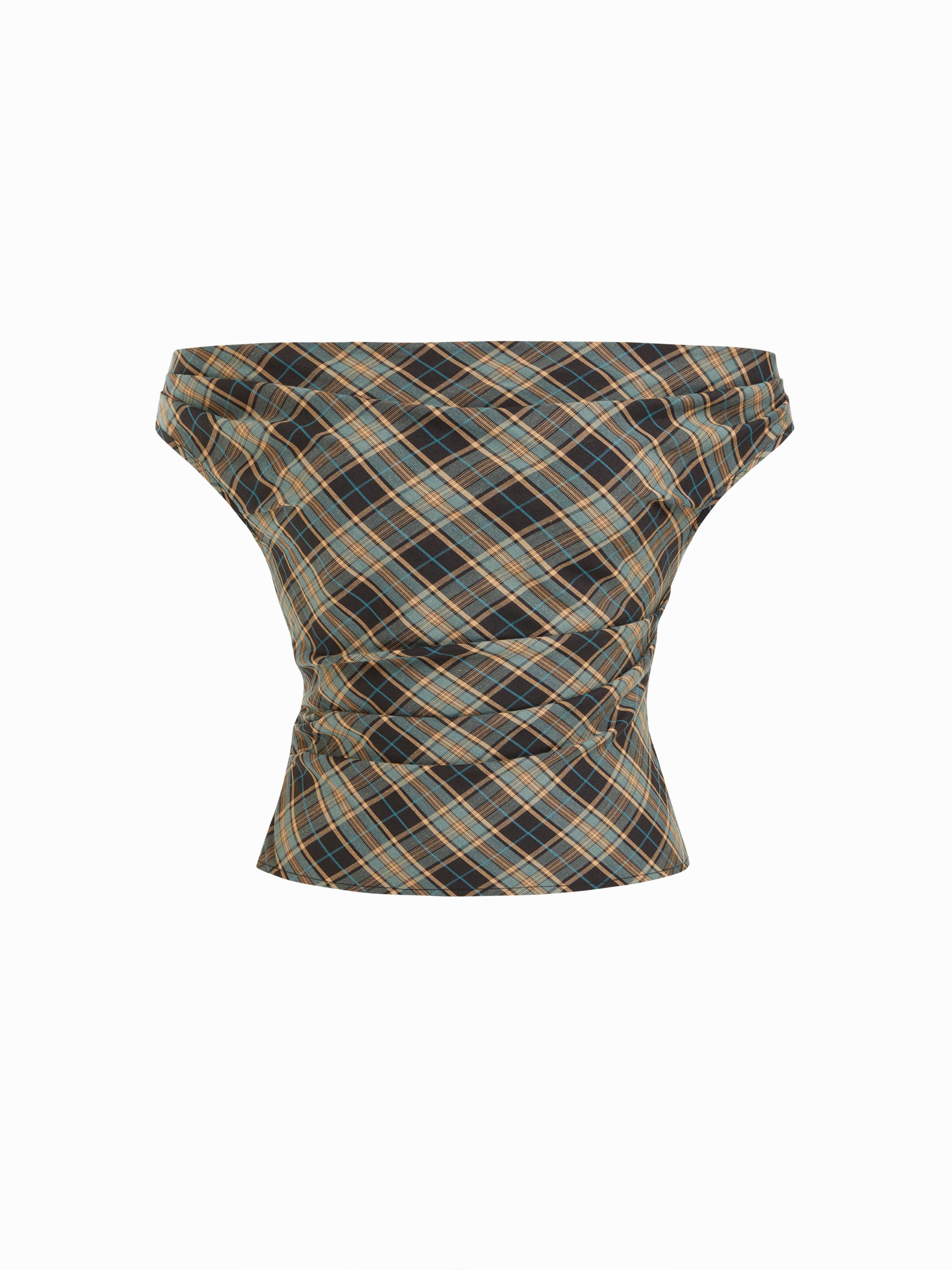 Off-shoulder Tartan Ruched Crop Top by CIDER