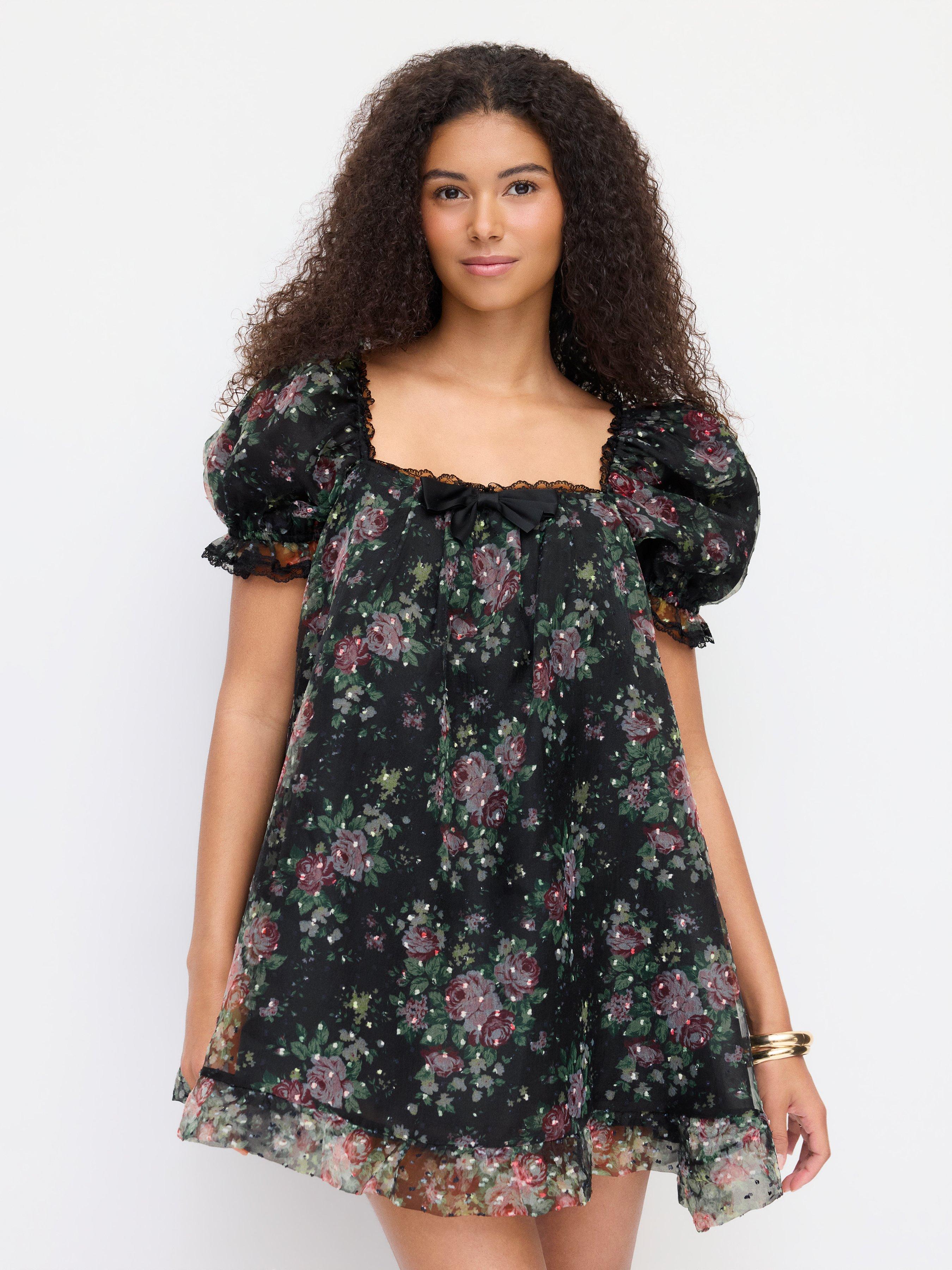 Organza Floral Square Neck Puff Sleeve Bowknot Textured Babydoll Mini Dress by CIDER