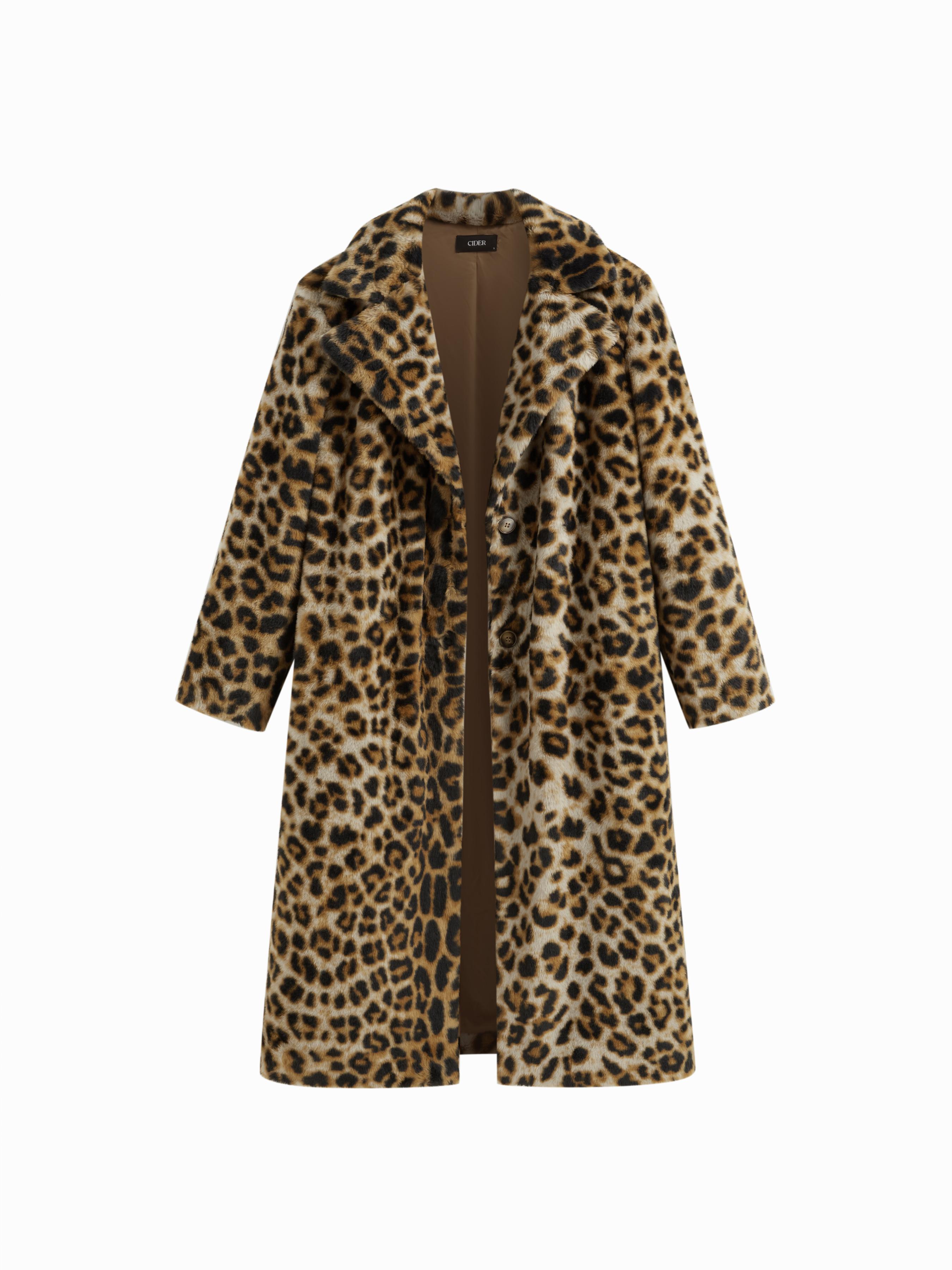 Oversized Leopard Notched Collar Button Faux Fur Longline Coat by CIDER