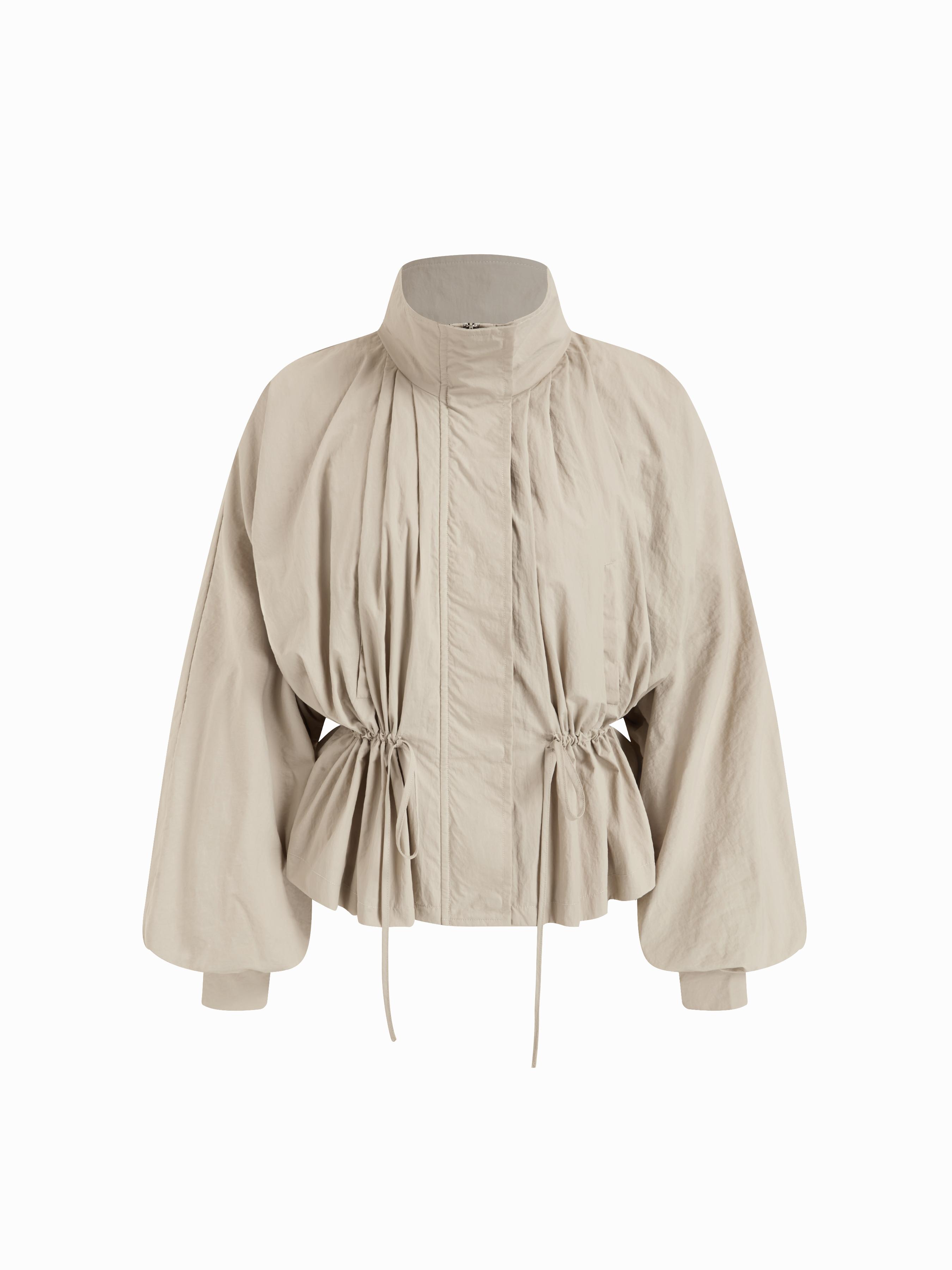 Oversized Stand Collar Drawstring Waist Jacket by CIDER