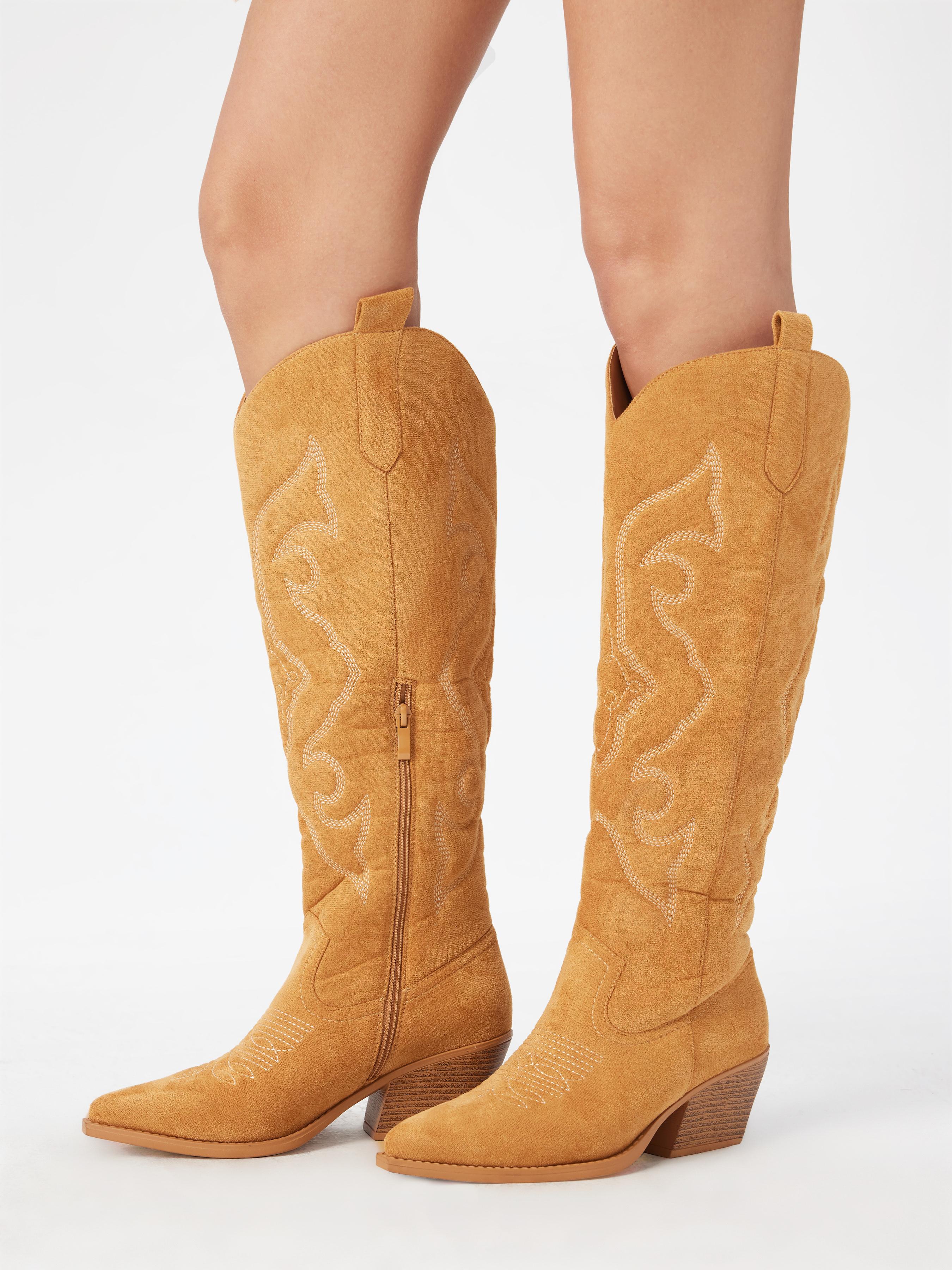 POINTED-TOE EMBROIDERED SUEDE KNEE HIGH BOOTS by CIDER