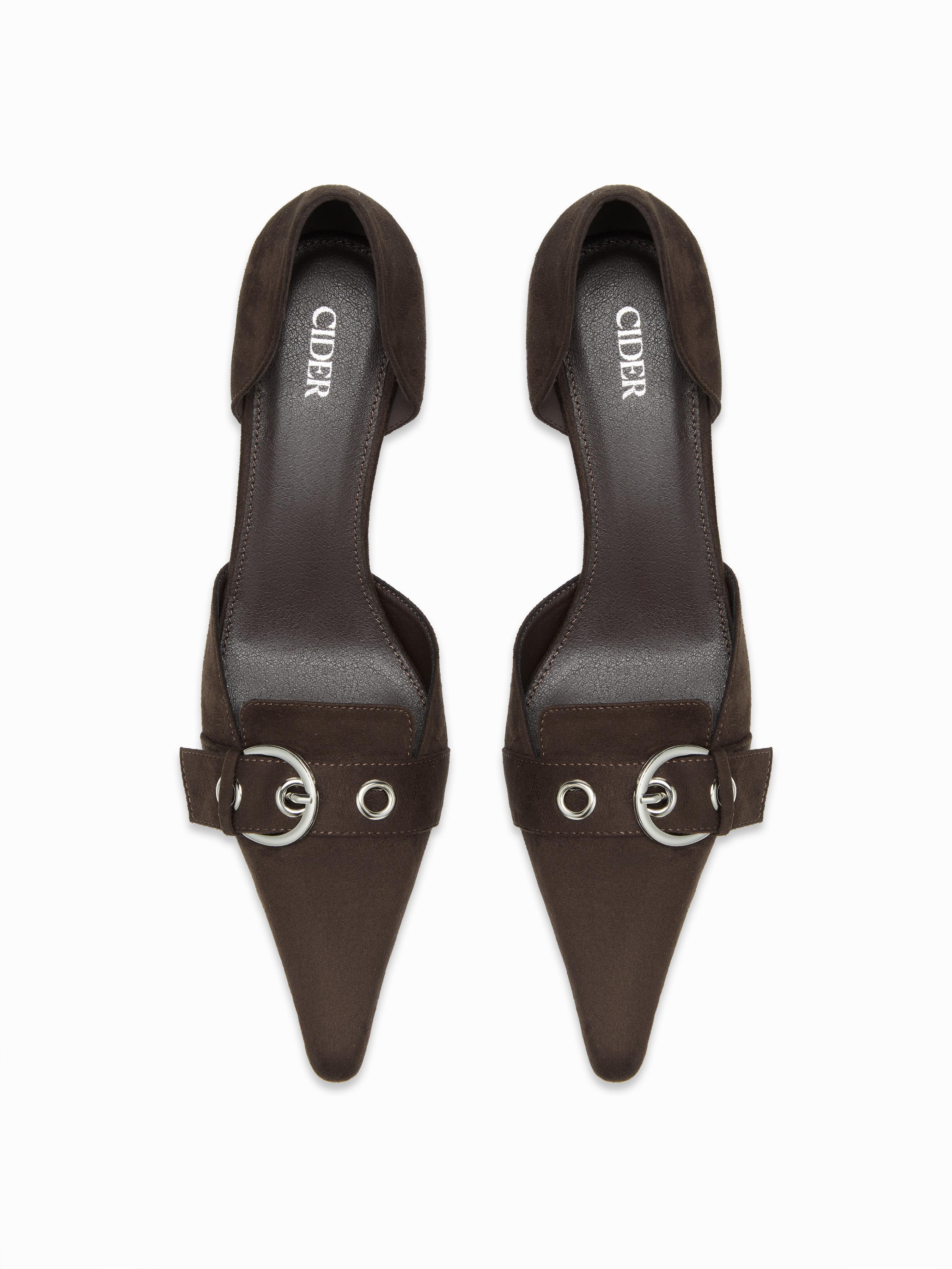 POINTED-TOE FAUX SUEDE BUCKLE HEELS by CIDER