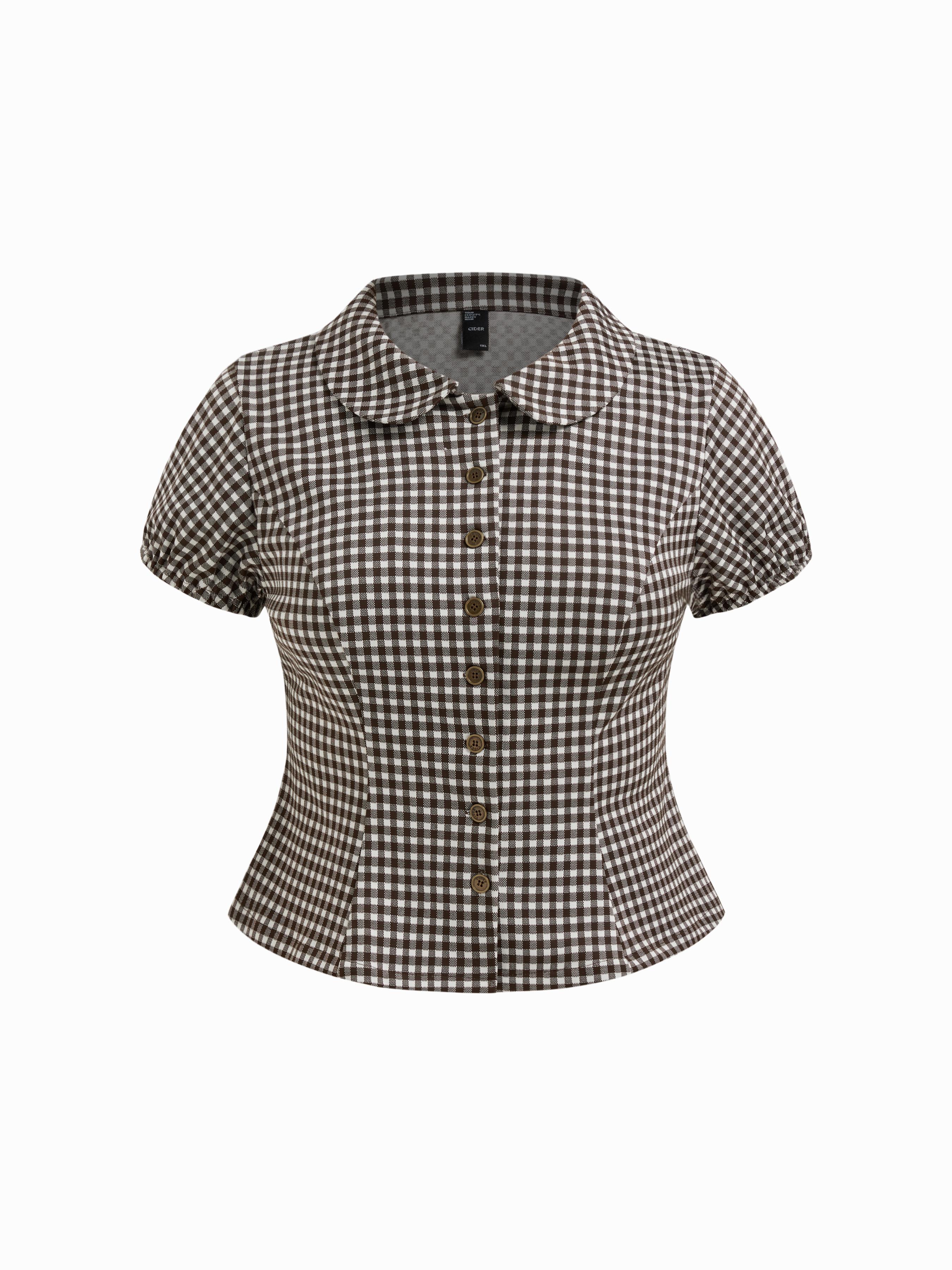 Peter Pan Collar Gingham Puff Sleeve Blouse Curve & Plus by CIDER