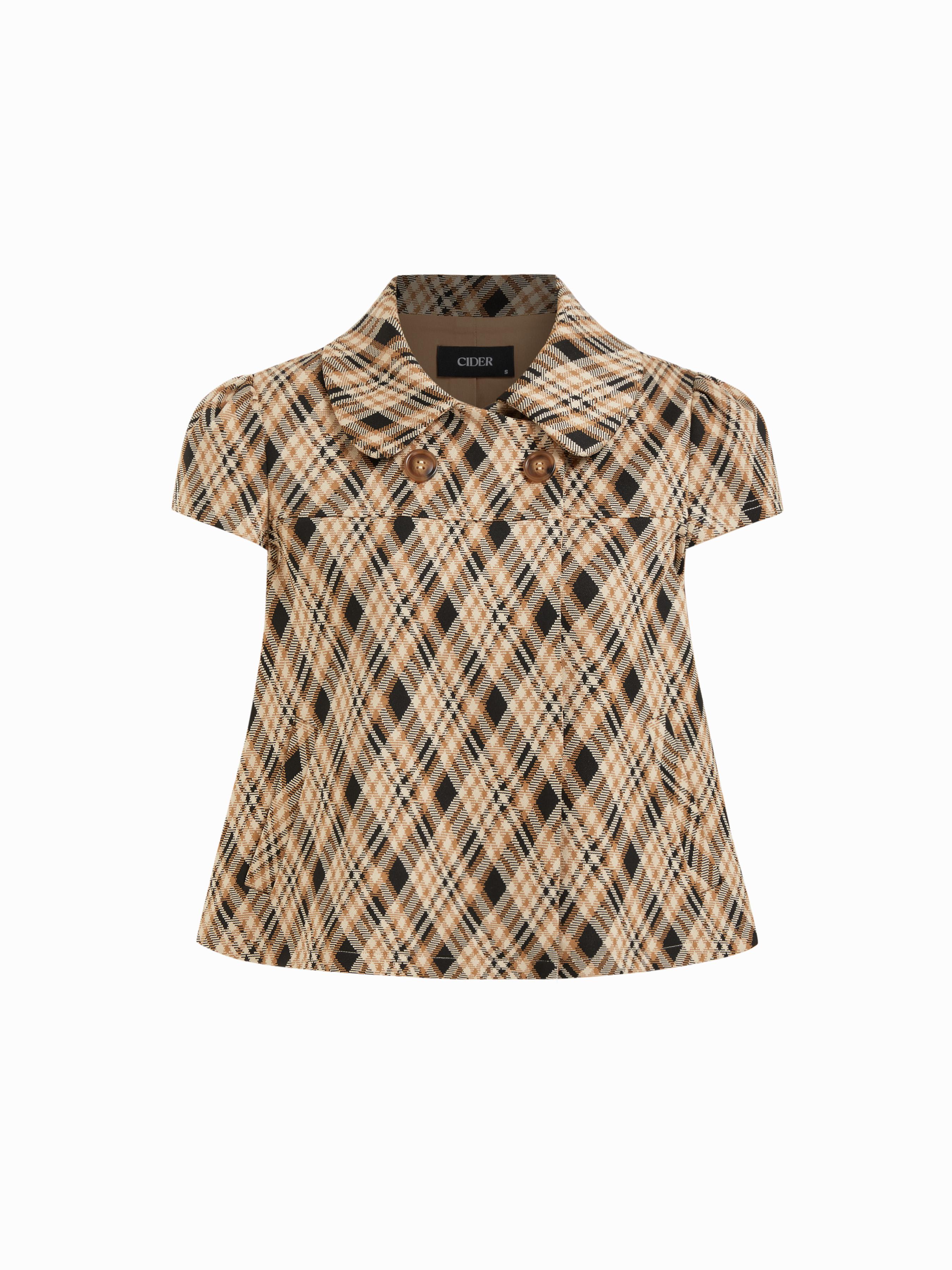 Peter Pan Collar Houndstooth & Polka Dot Button Short Sleeve Blouse by CIDER