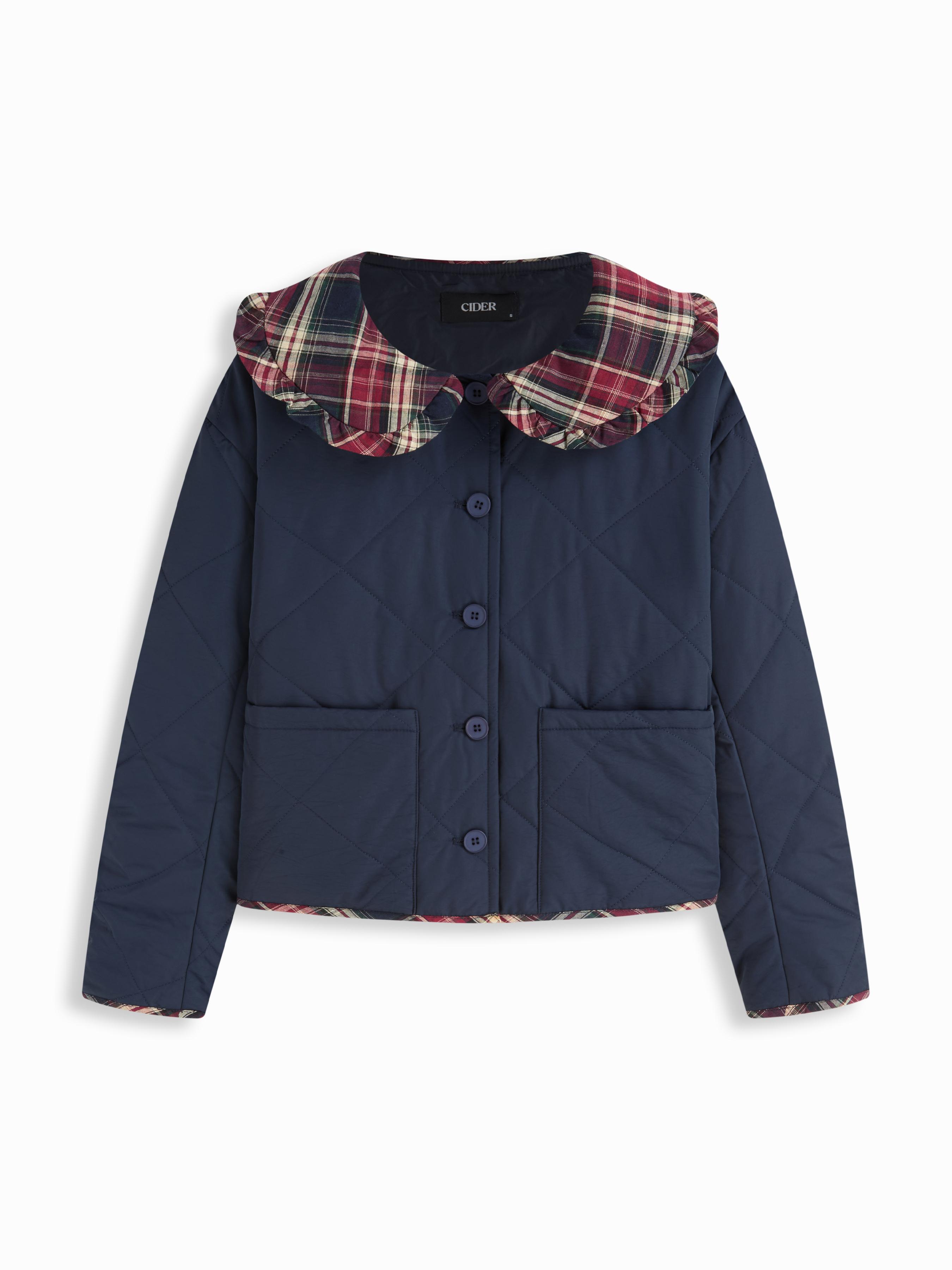 Peter Pan Collar Plaid Ruffled Oversized Puffer by CIDER
