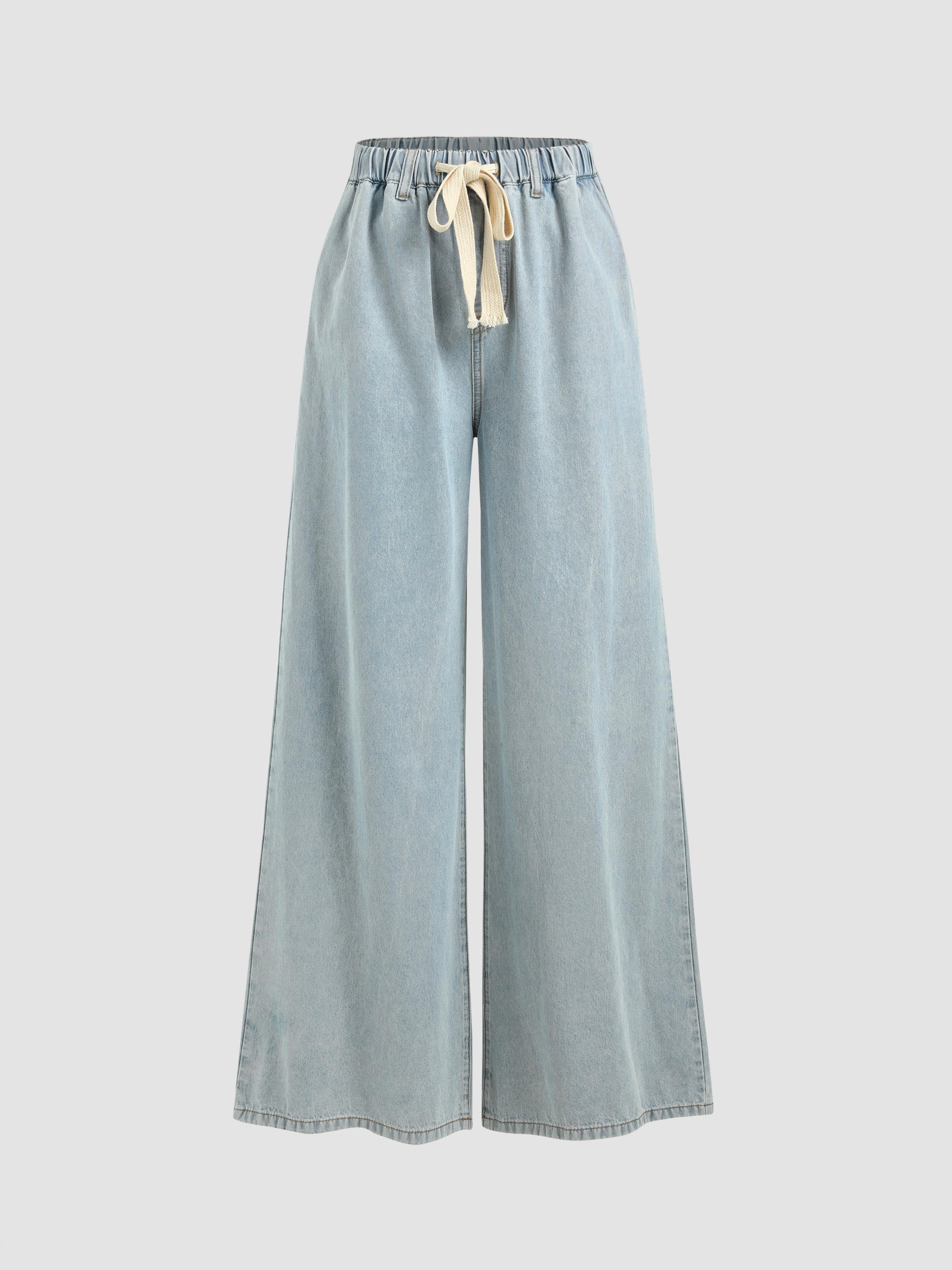 Petite Denim High Waist Solid Tie Front Wide Leg Trousers by CIDER