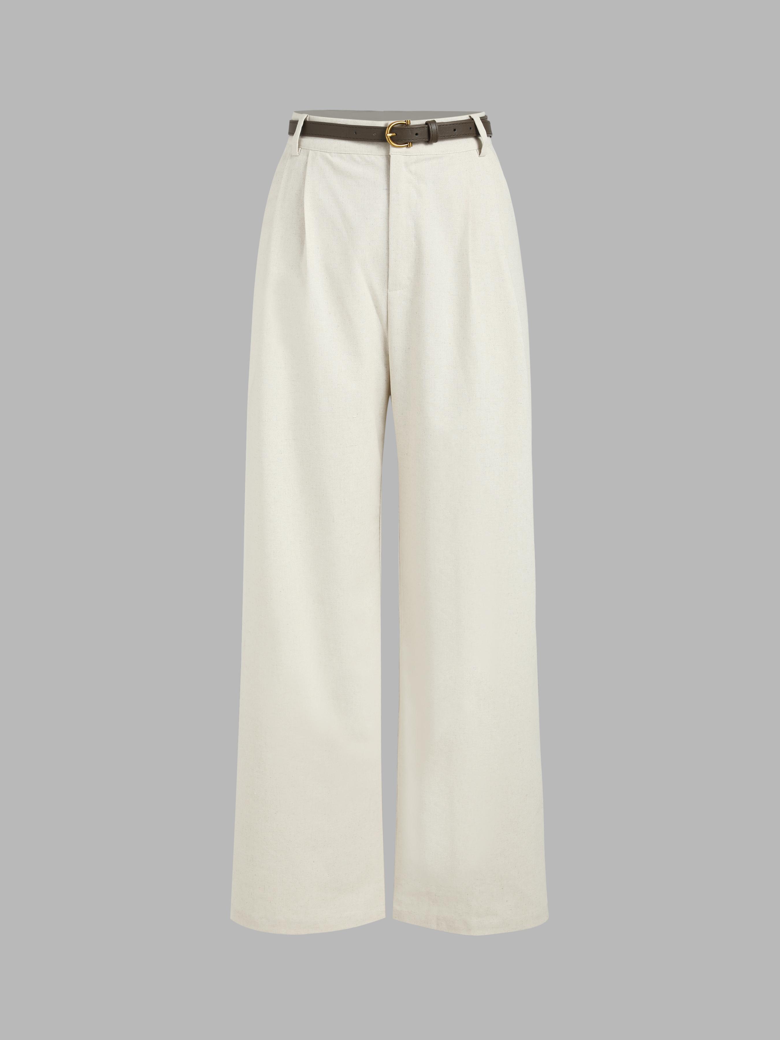 Petite Linen-blend Mid Rise Solid Wide Leg Trousers With Belt by CIDER