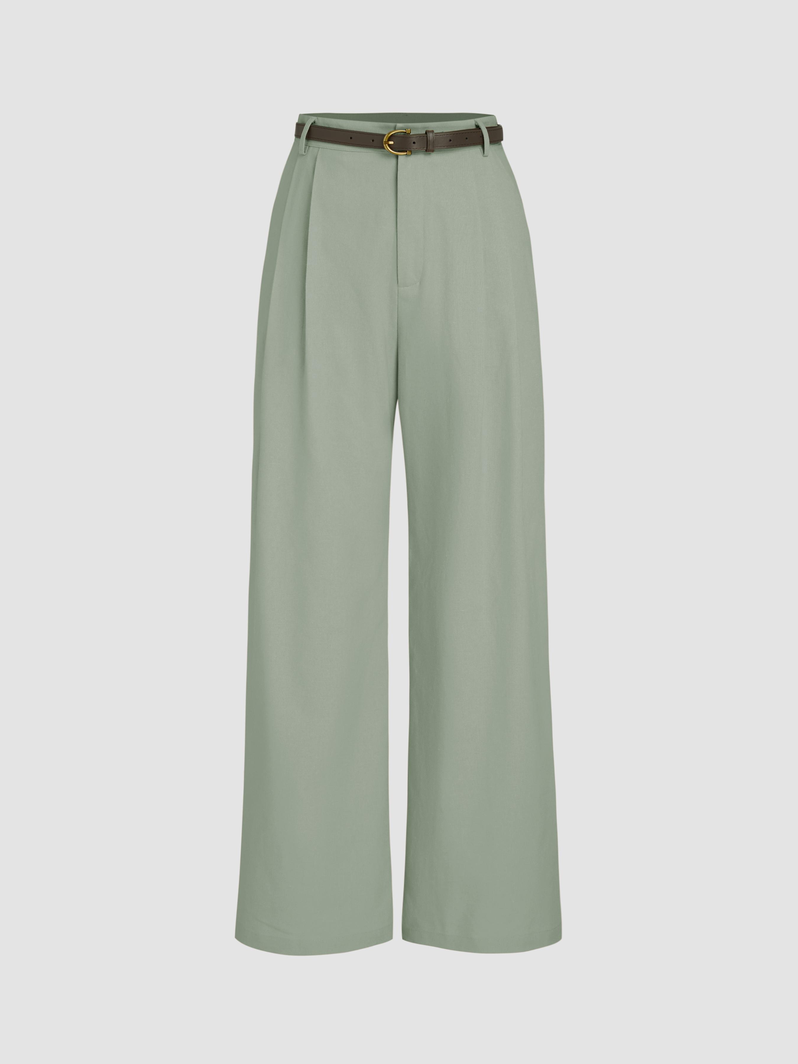 Petite Linen-blend Mid Rise Solid Wide Leg Trousers With Belt by CIDER