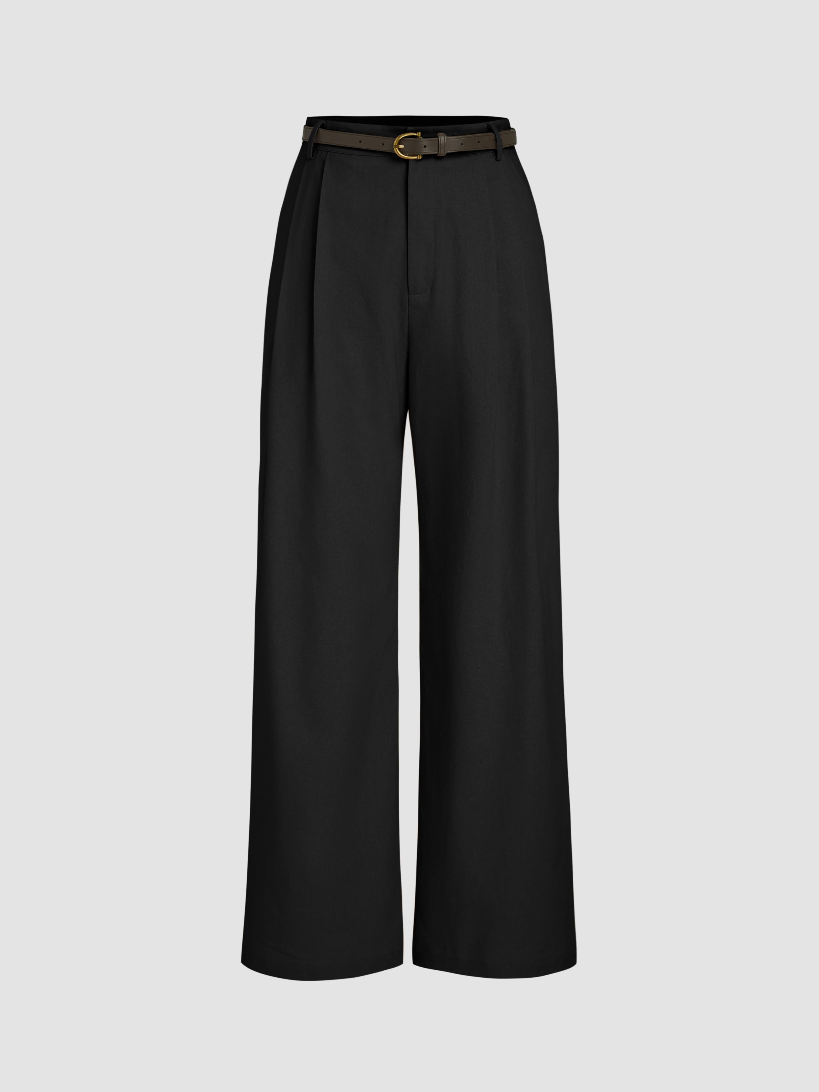 Petite Linen-blend Mid Rise Solid Wide Leg Trousers With Belt by CIDER