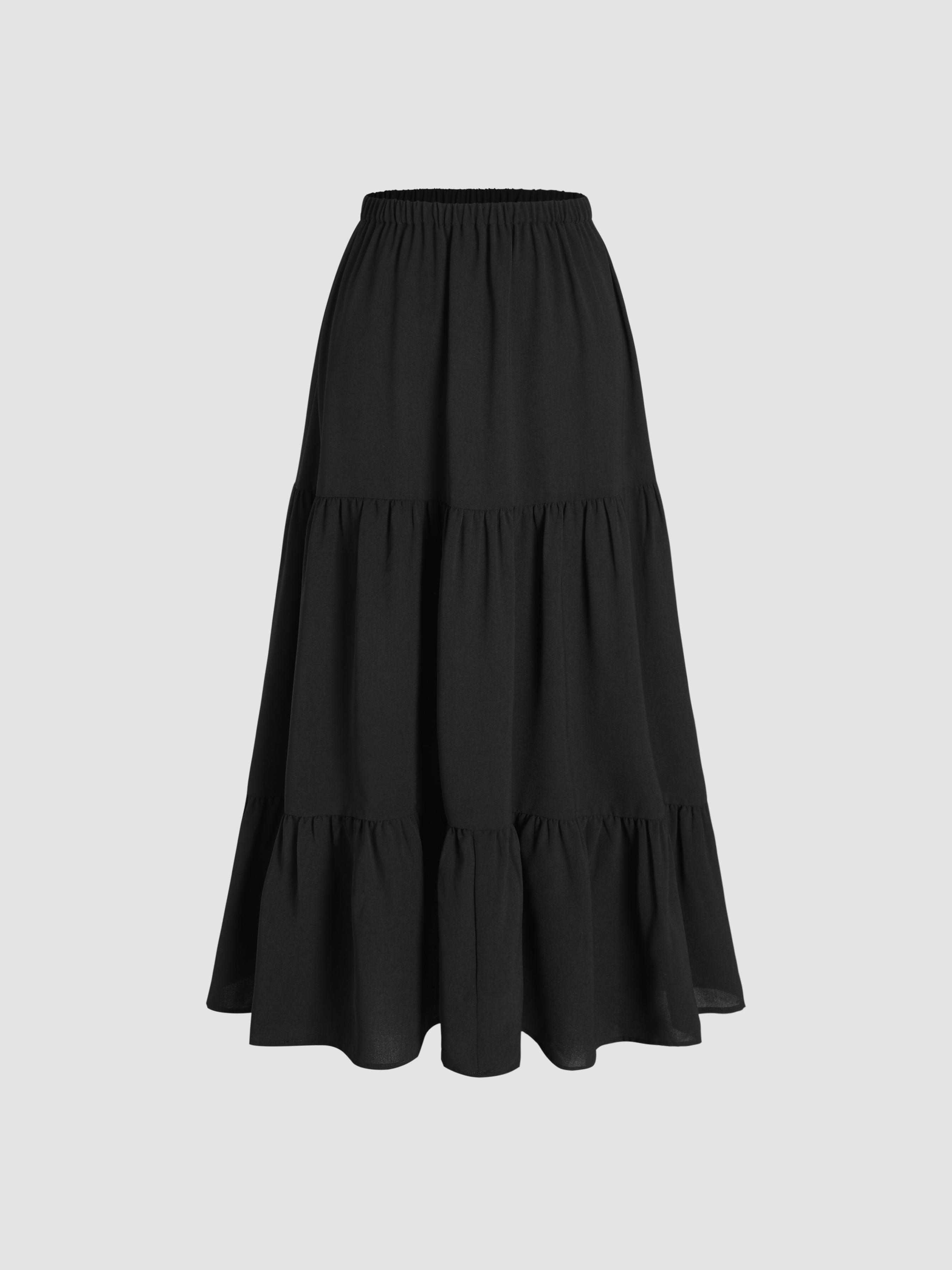 Petite Mid Rise Elastic Waist Ruffle Hem Tiered Maxi Skirt by CIDER