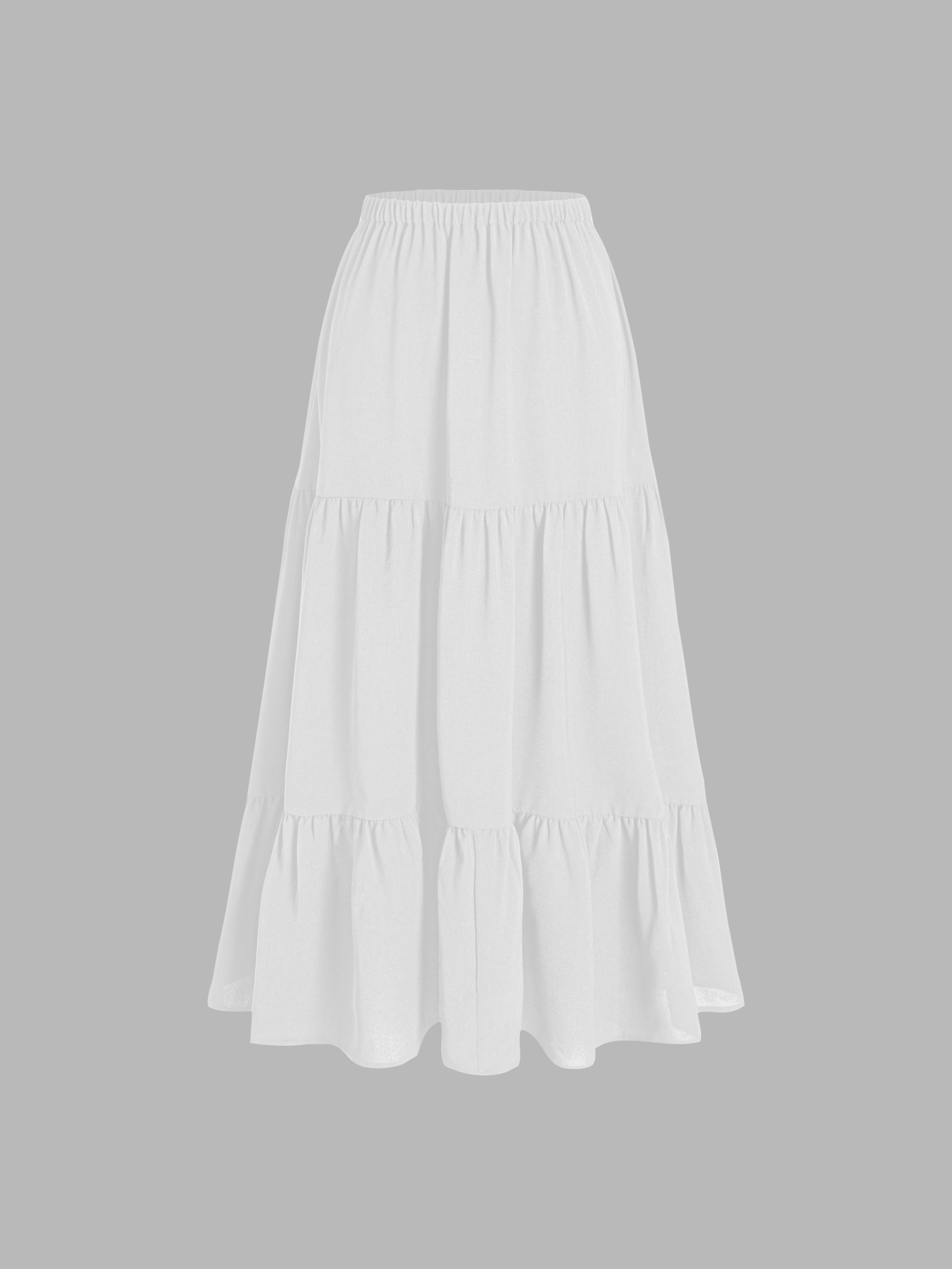 Petite Mid Rise Elastic Waist Ruffle Hem Tiered Maxi Skirt by CIDER