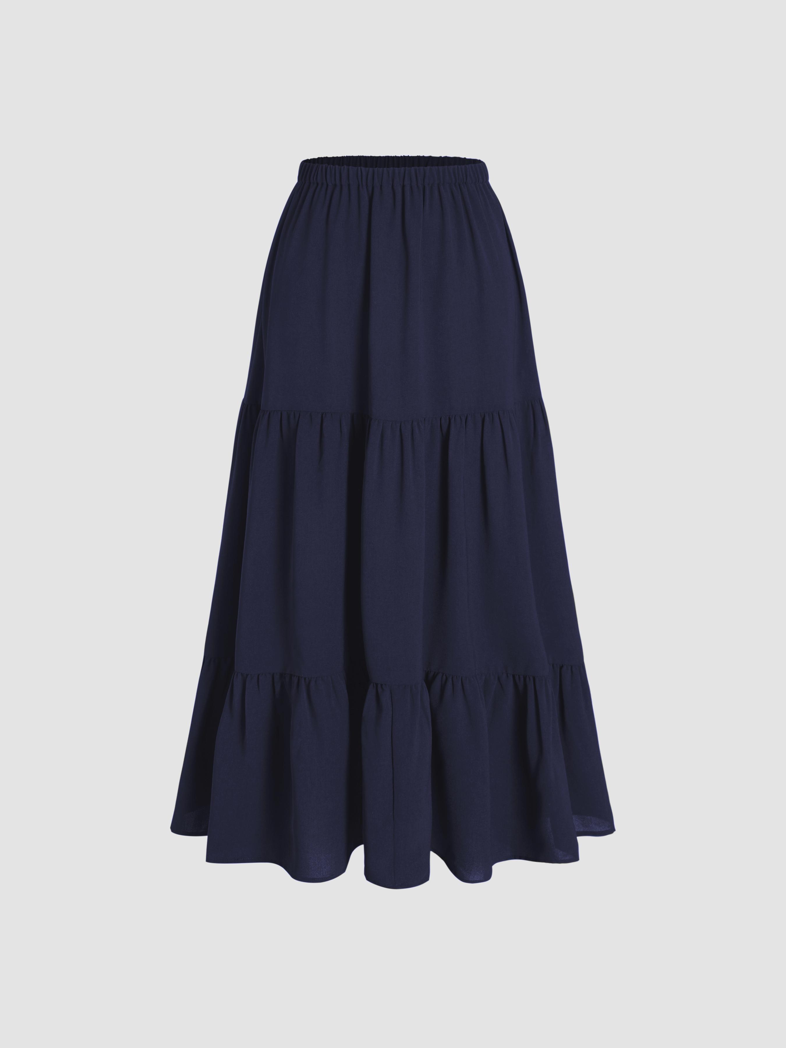 Petite Mid Rise Elastic Waist Ruffle Hem Tiered Maxi Skirt by CIDER