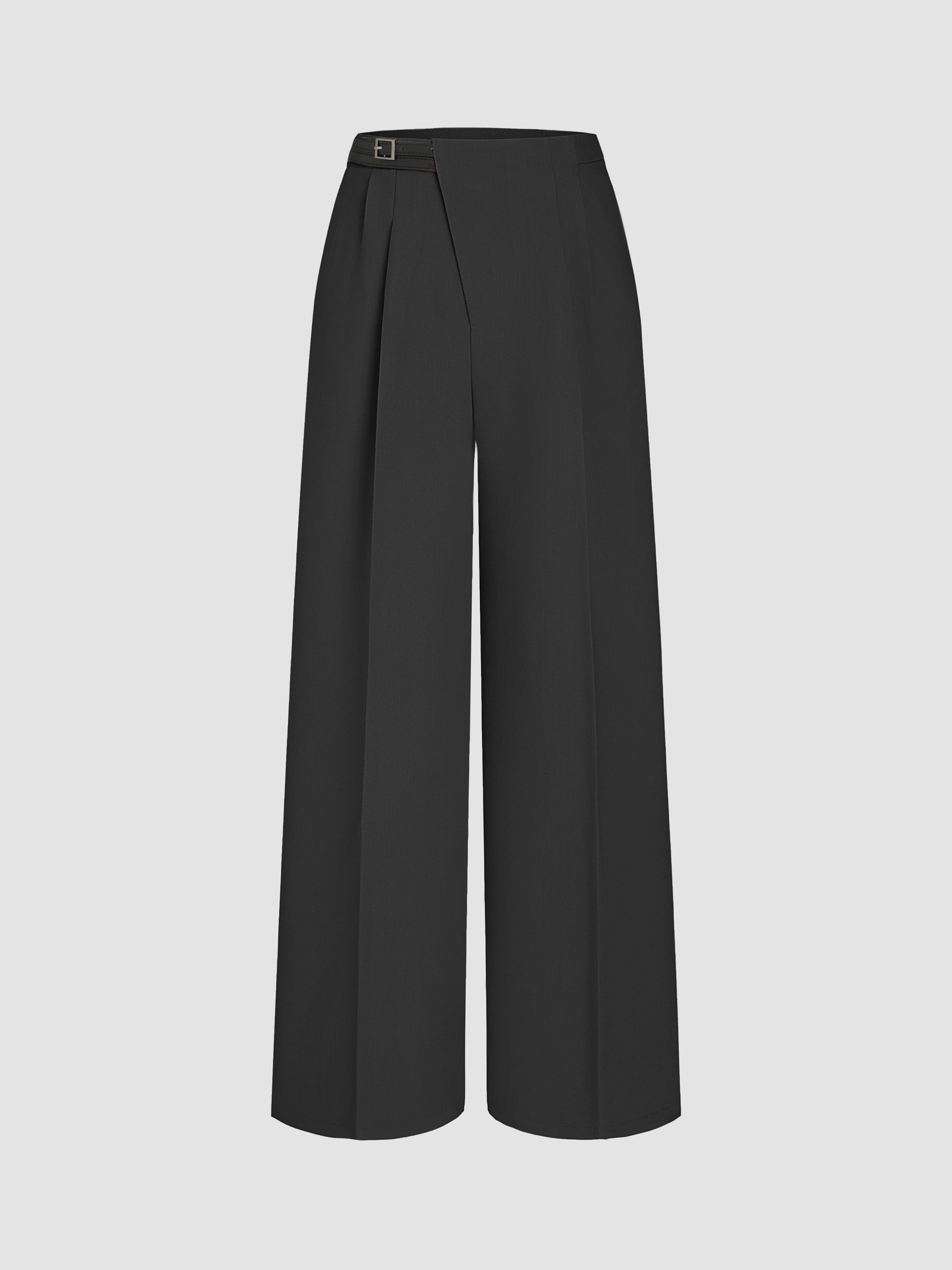 Petite Mid Rise Solid Belted Straight Leg Trousers by CIDER